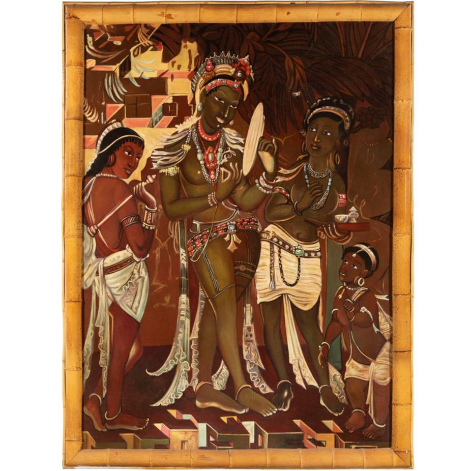 Peint à la main Peinture d'une école indienne du milieu du 20e siècle « Musiciens », huile sur toile en vente