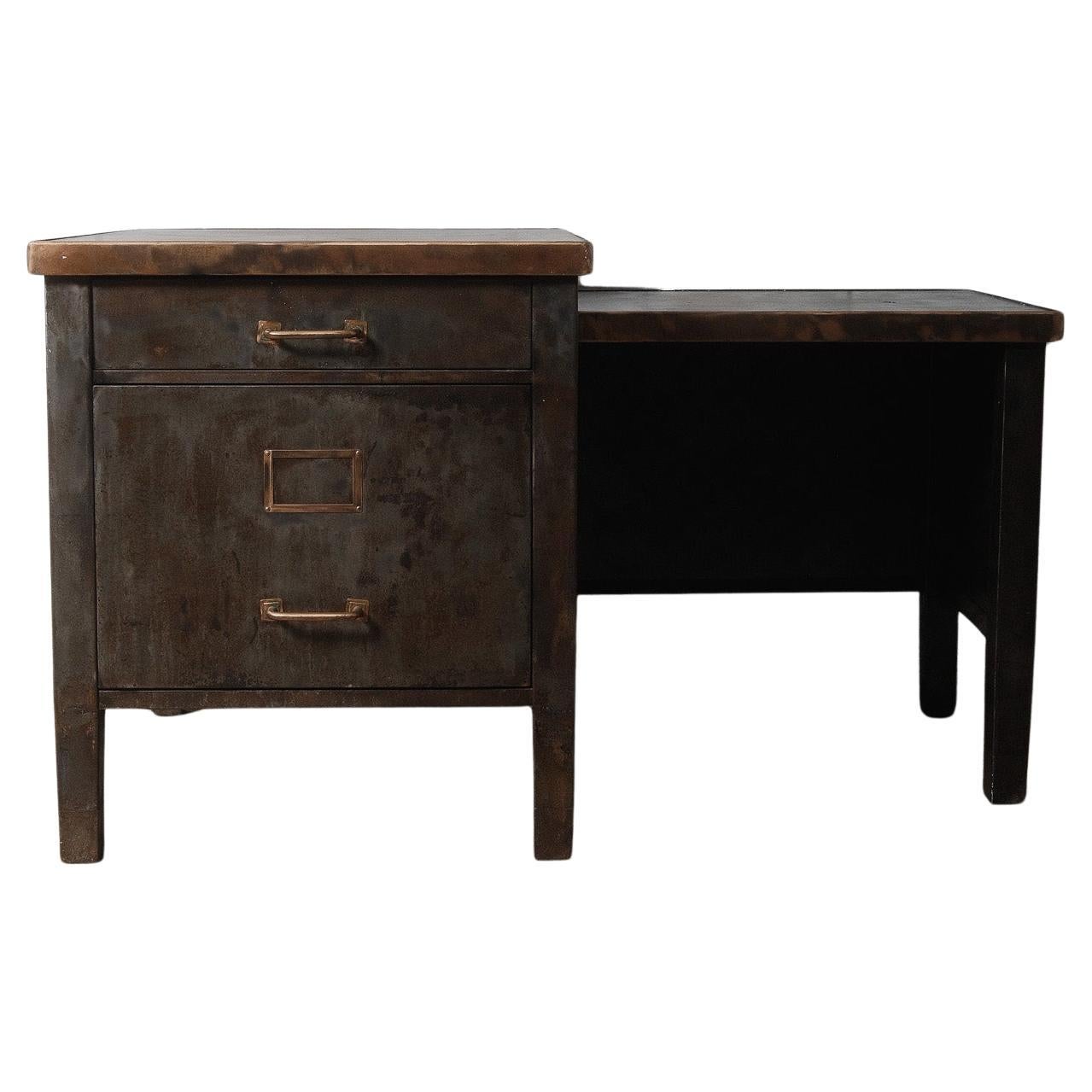 Mid-20th Century Industrial Steel and Copper-Topped Desk For Sale