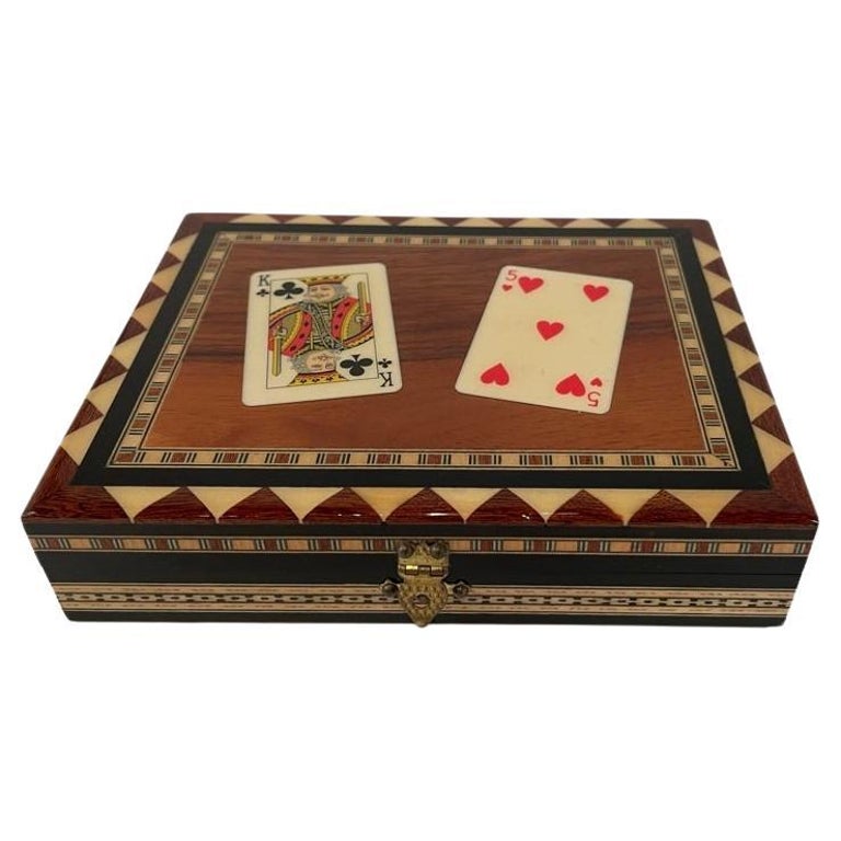 vintage hand carved wood inlaid marquetry playing card case - box