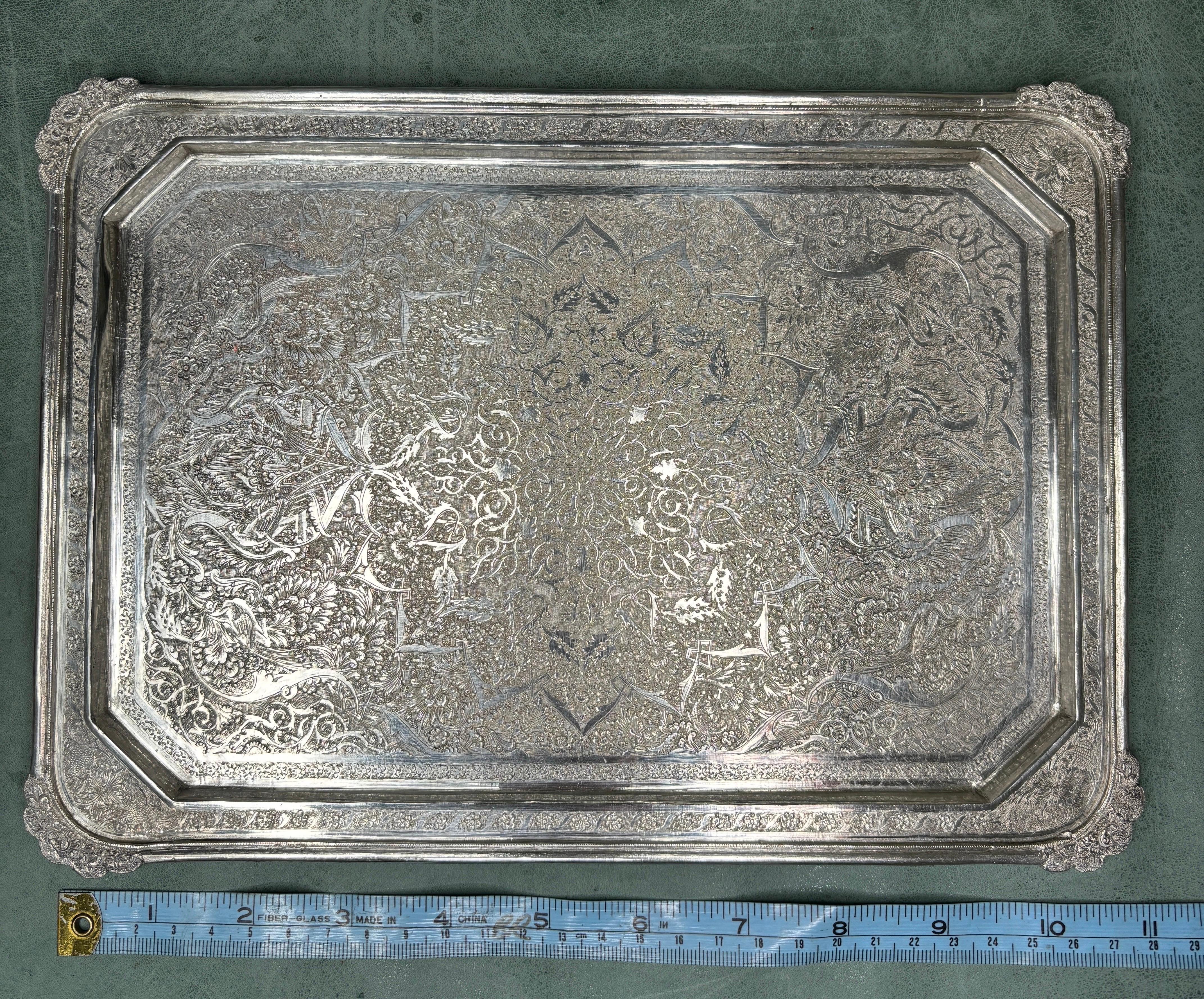 Mid 20th Century Iranian Persian Middle Eastern Hand Chased Silver Tray  For Sale 6