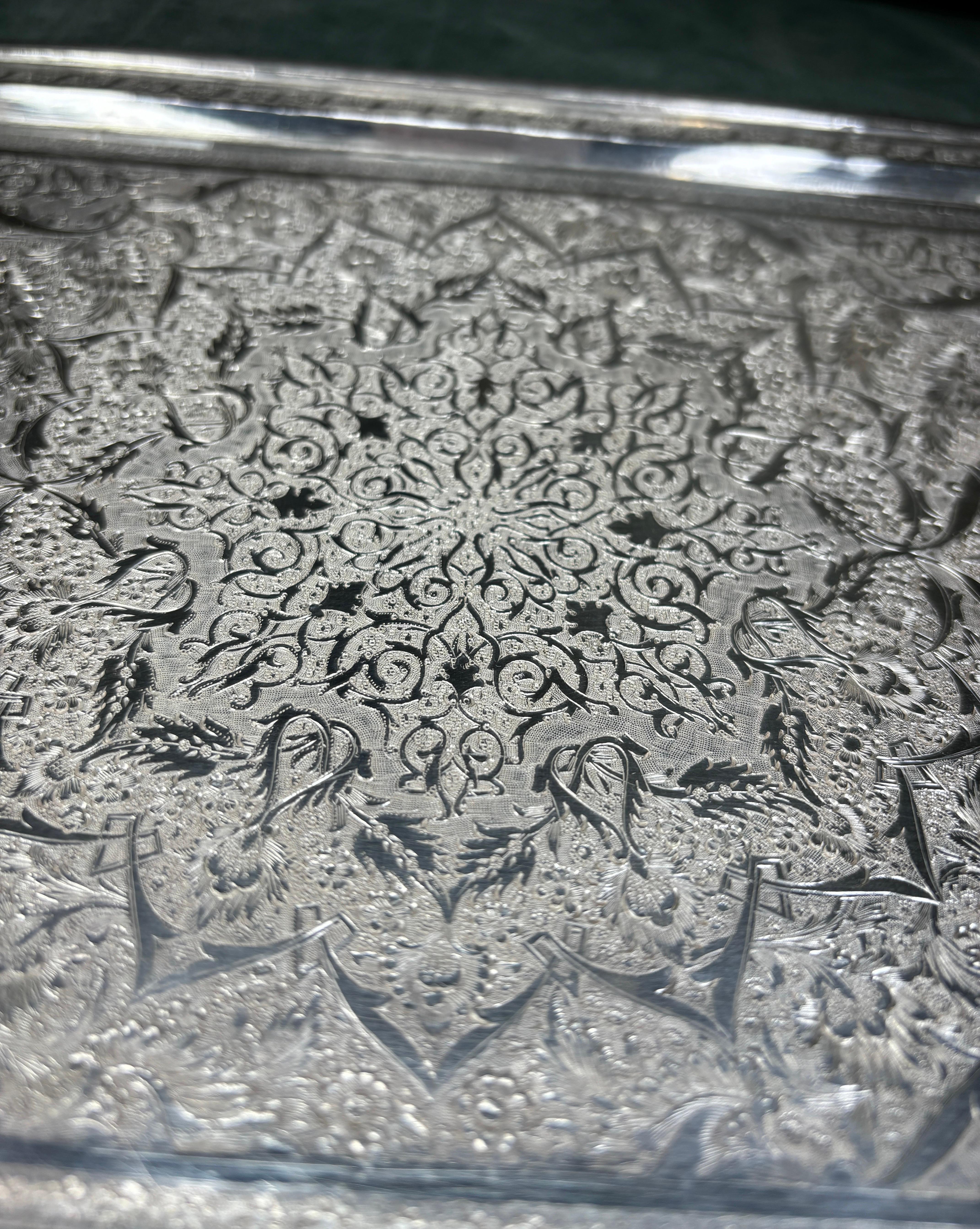 Mid 20th Century Iranian Persian Middle Eastern Hand Chased Silver Tray  In Good Condition For Sale In Bernardsville, NJ