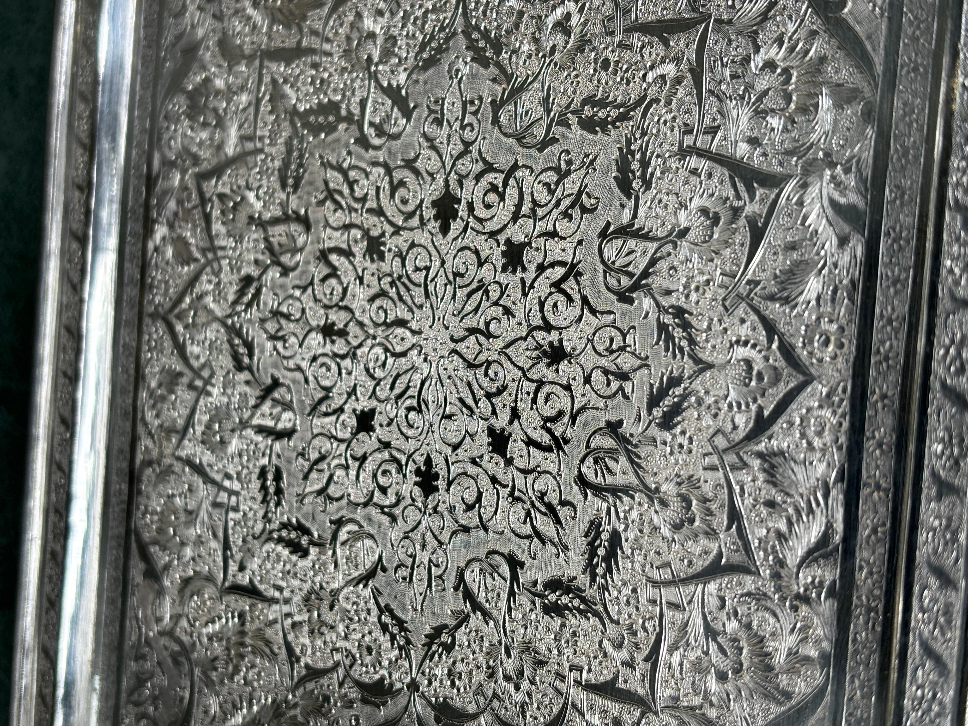 Women's or Men's Mid 20th Century Iranian Persian Middle Eastern Hand Chased Silver Tray  For Sale