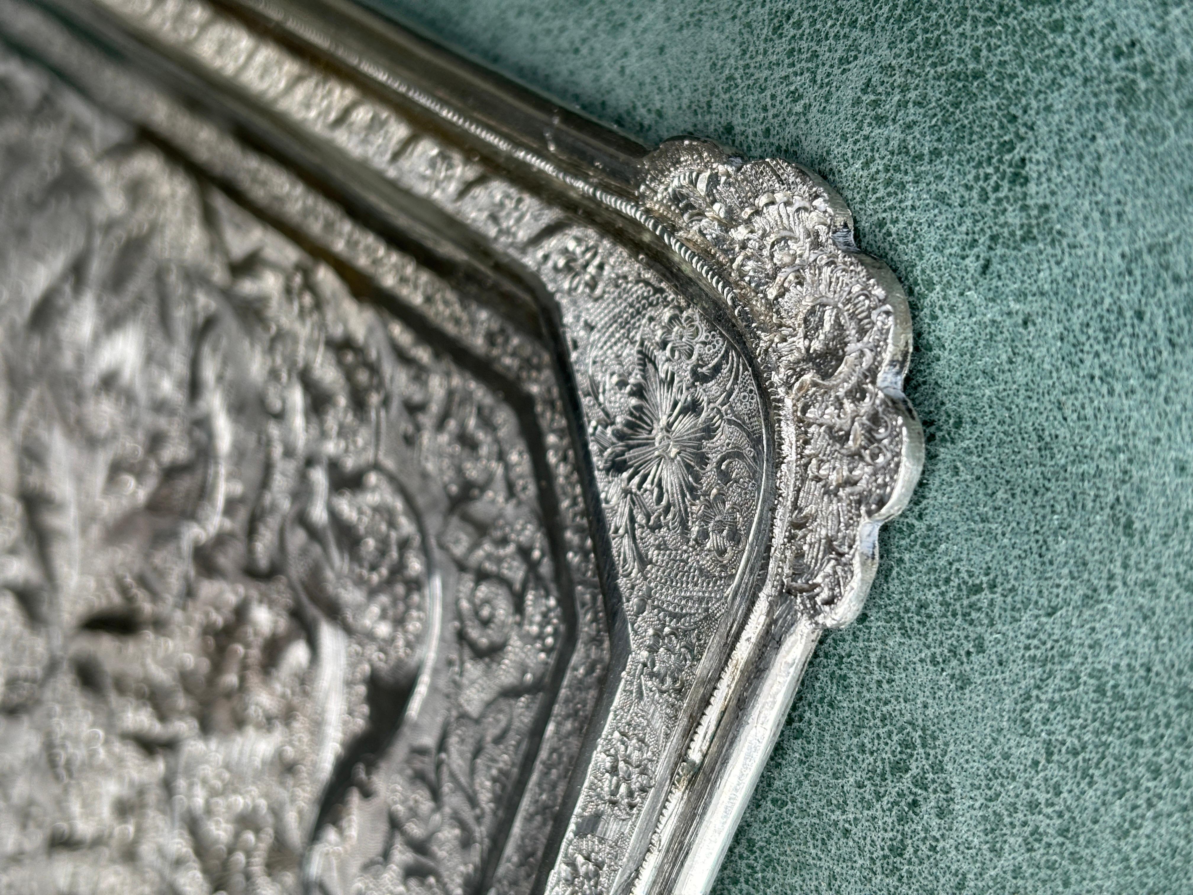 Mid 20th Century Iranian Persian Middle Eastern Hand Chased Silver Tray  For Sale 1