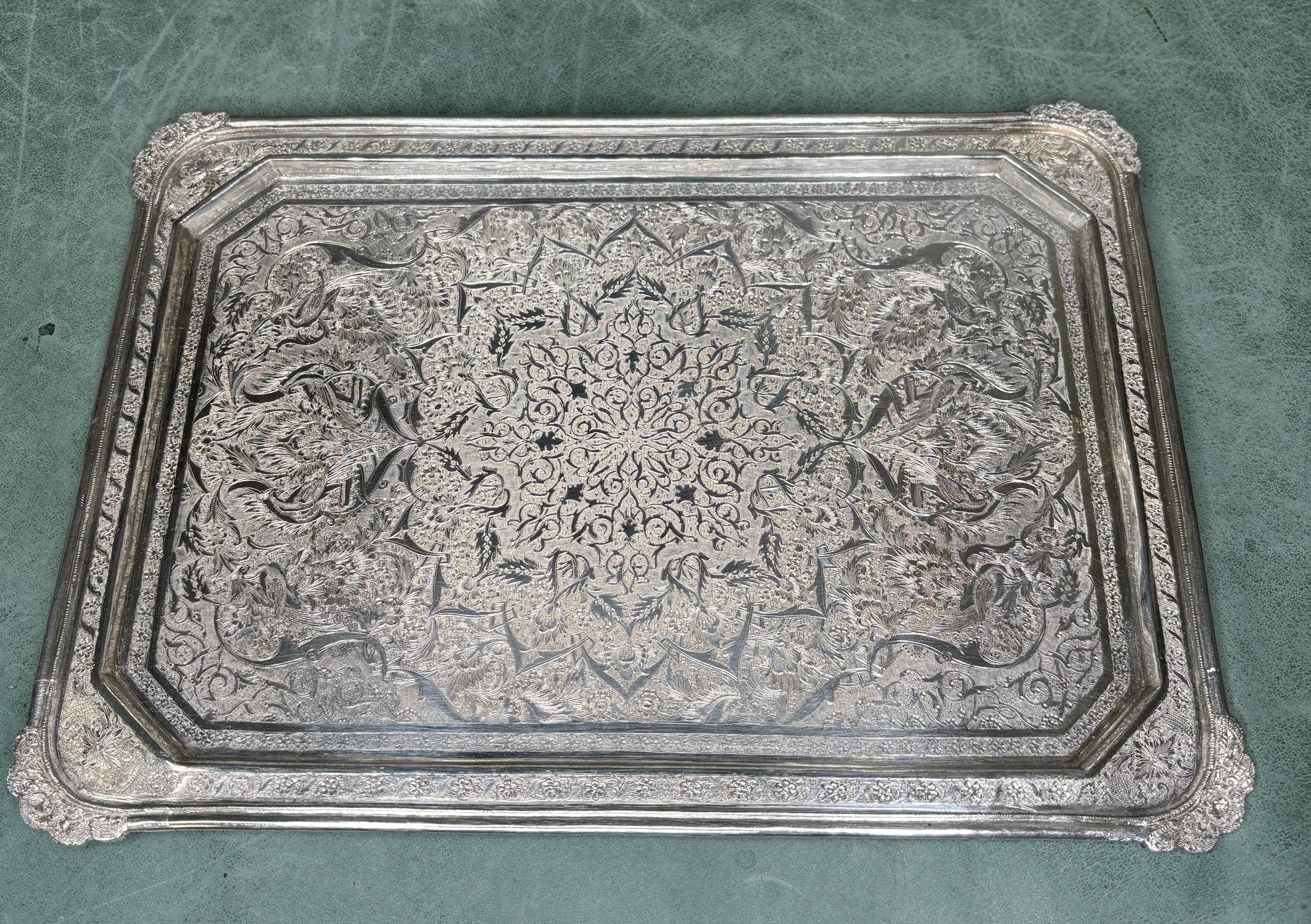 Mid 20th Century Iranian Persian Middle Eastern Hand Chased Silver Tray  For Sale 2