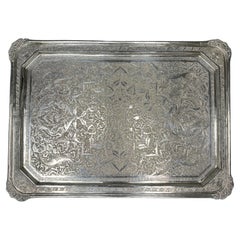Mid 20th Century Iranian Persian Middle Eastern Hand Chased Silver Tray 