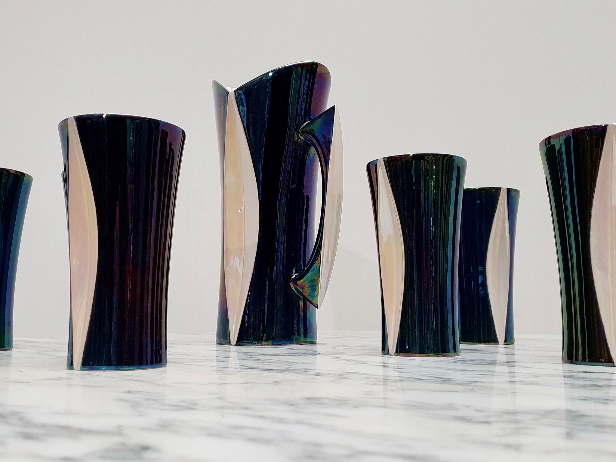 Mid-20th Century Iridescent Ceramic Drinks Set of 9 Made in France, 1970s For Sale 6
