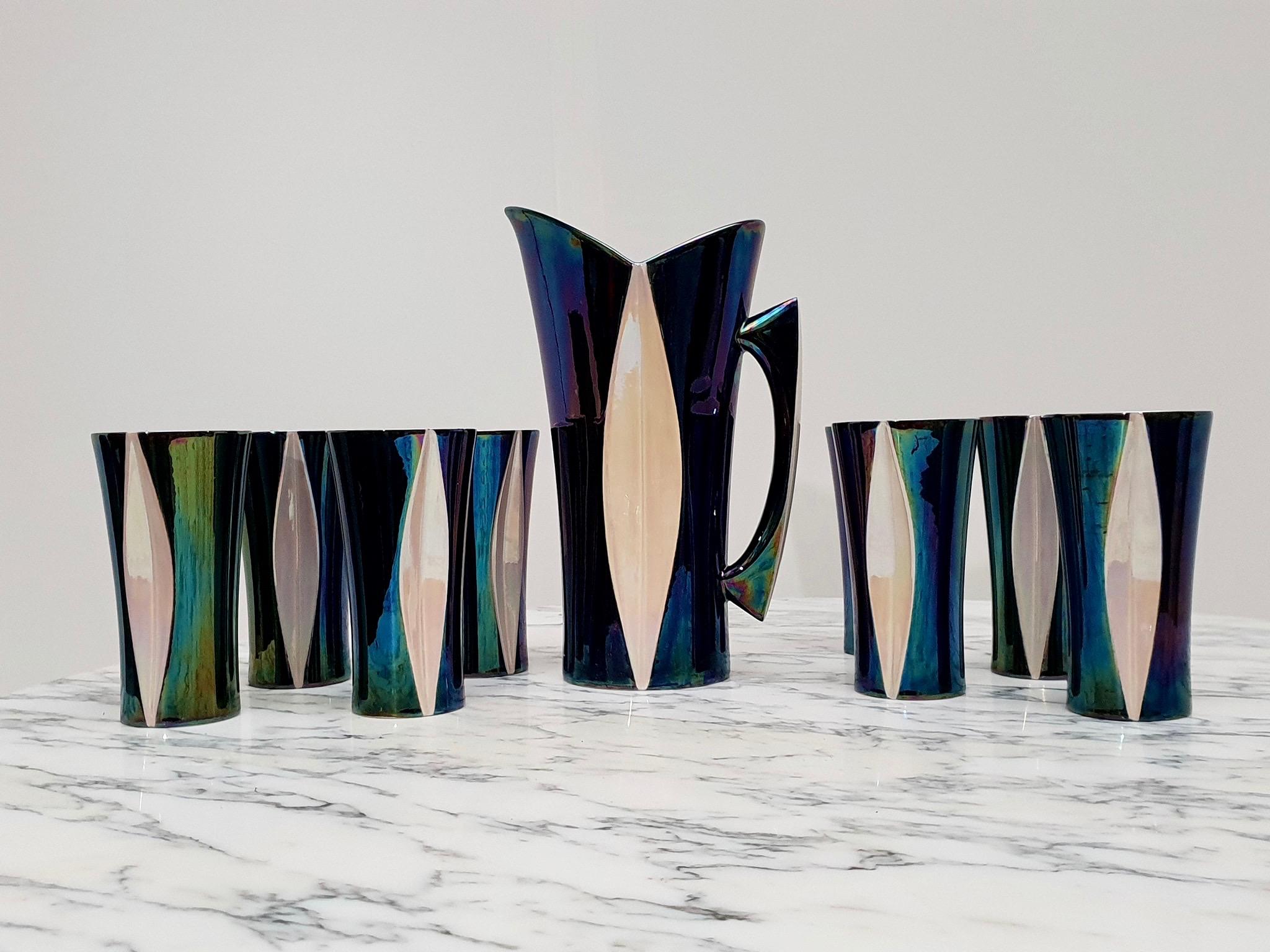 Mid-20th Century Iridescent Ceramic Drinks Set of 9 Made in France, 1970s For Sale 8