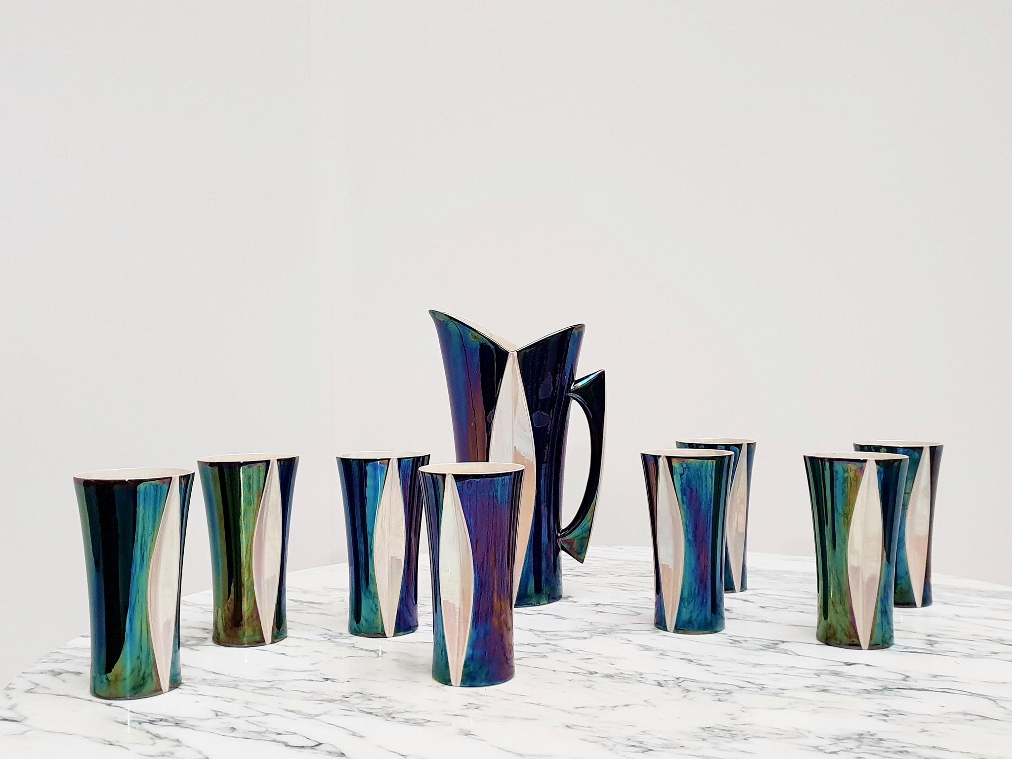 French Mid-20th Century Iridescent Ceramic Drinks Set of 9 Made in France, 1970s For Sale