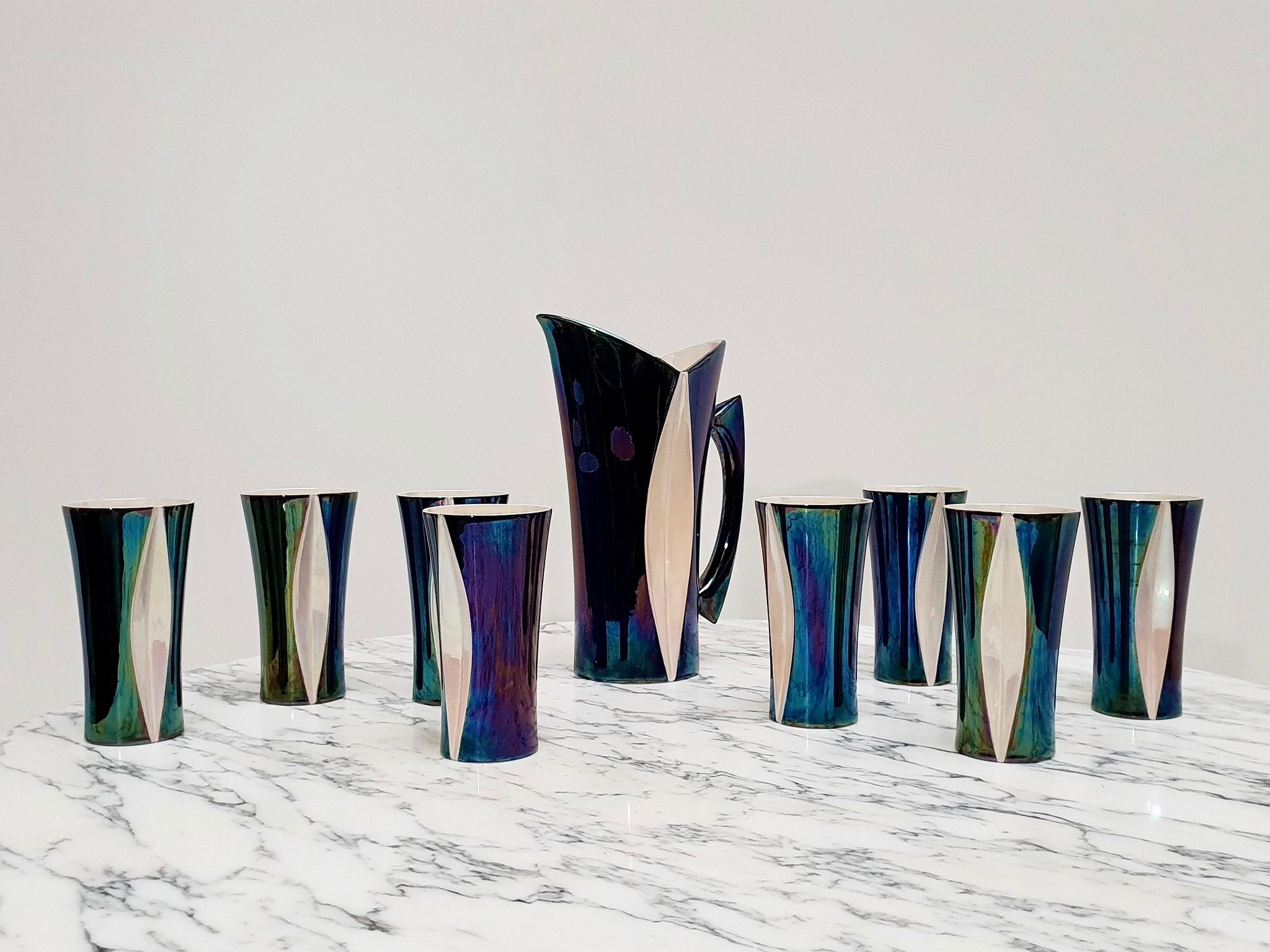 Mid-20th Century Iridescent Ceramic Drinks Set of 9 Made in France, 1970s In Good Condition For Sale In Antwerp, BE