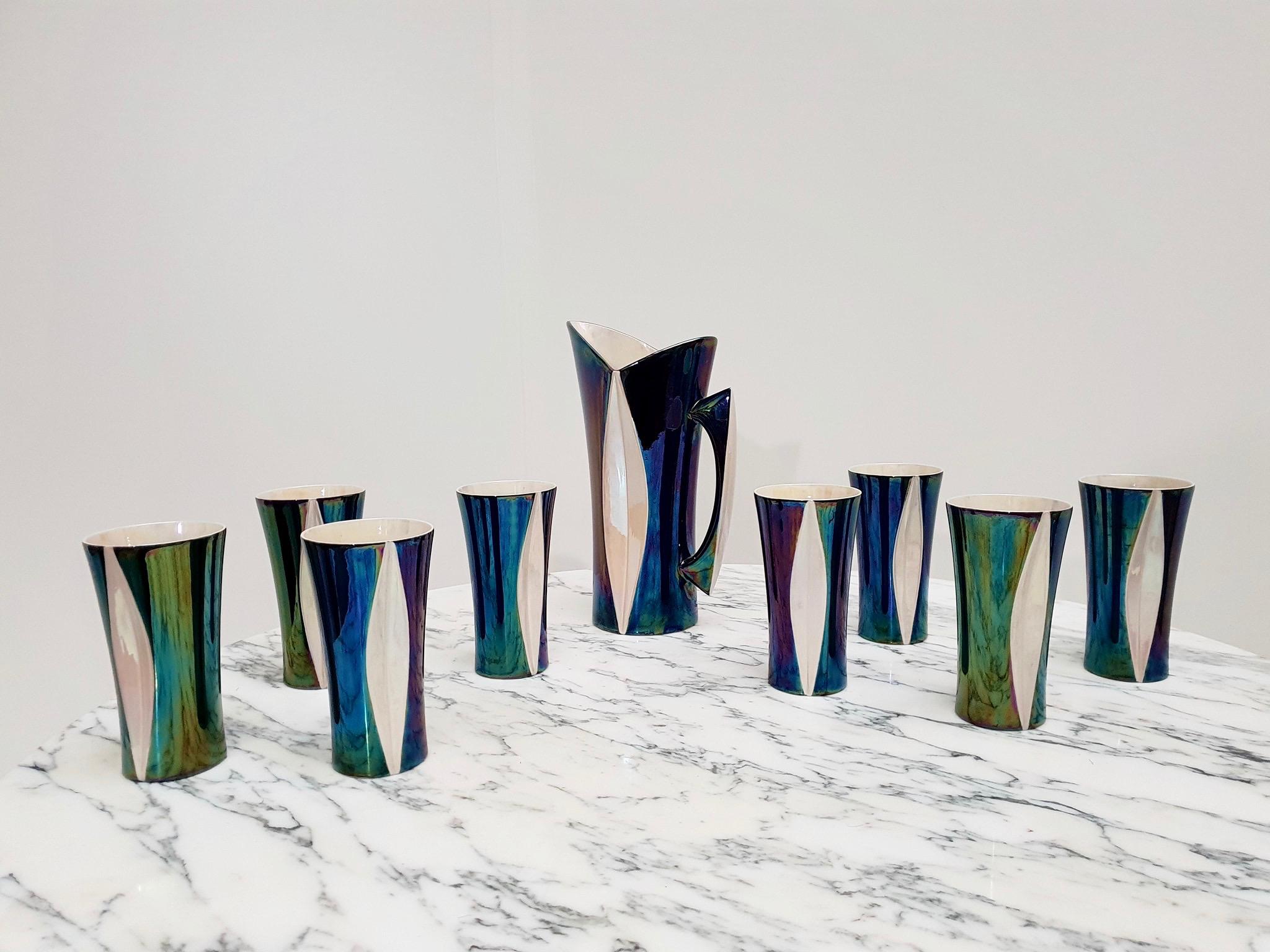 Mid-20th Century Iridescent Ceramic Drinks Set of 9 Made in France, 1970s For Sale 3