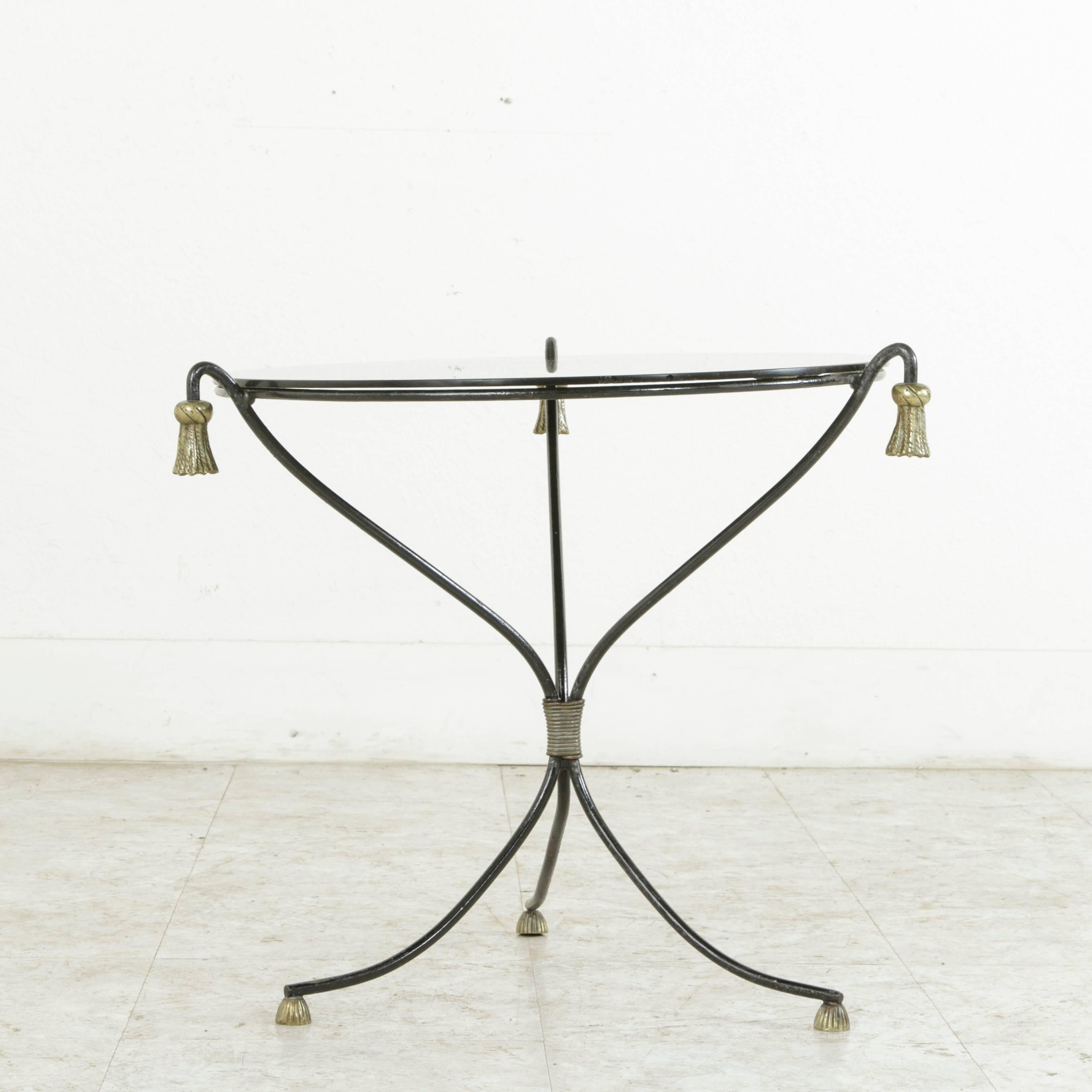 Mid-Century Modern Mid-20th Century Iron Cocktail Table, Side Table with Bronze Tassels Black Glass