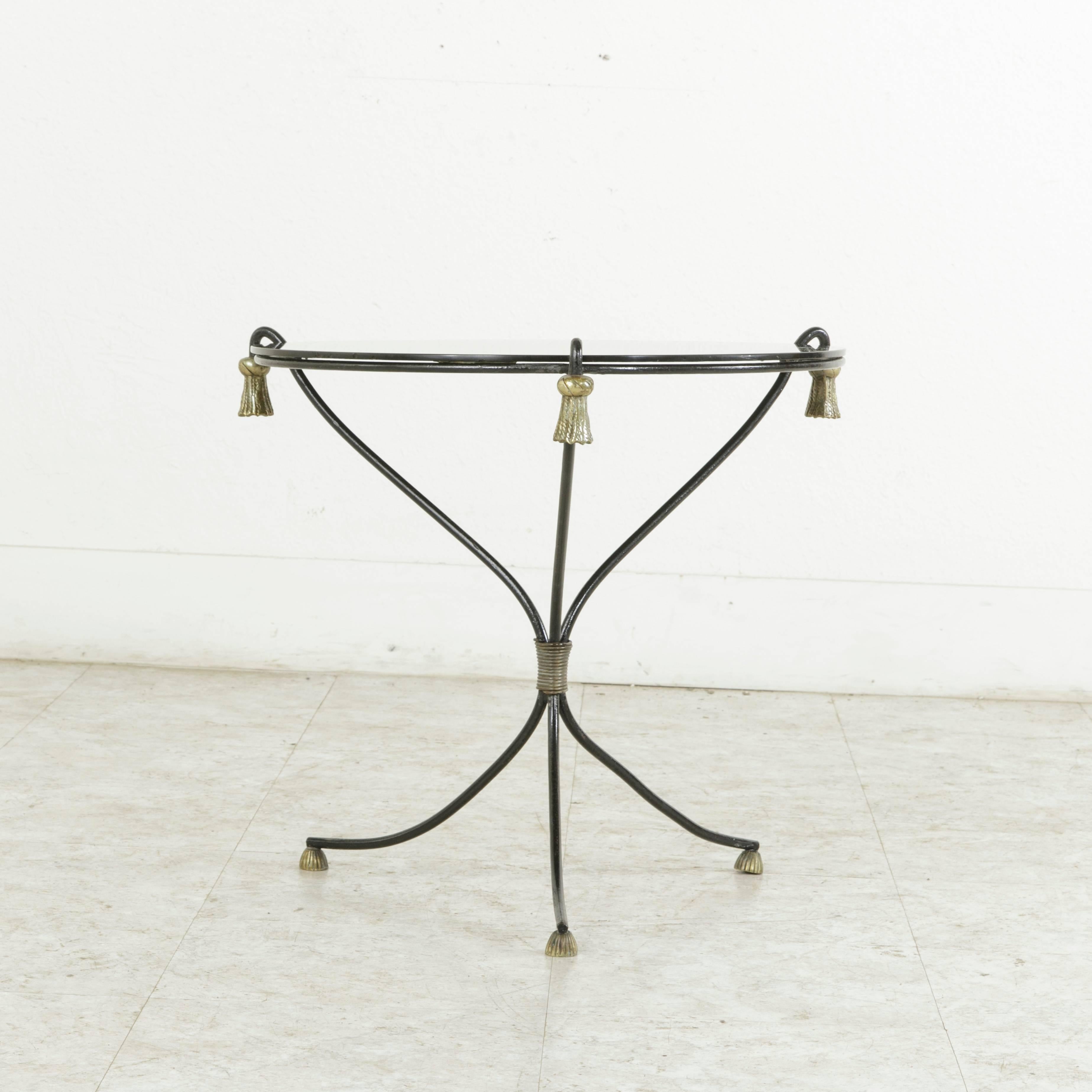French Mid-20th Century Iron Cocktail Table, Side Table with Bronze Tassels Black Glass