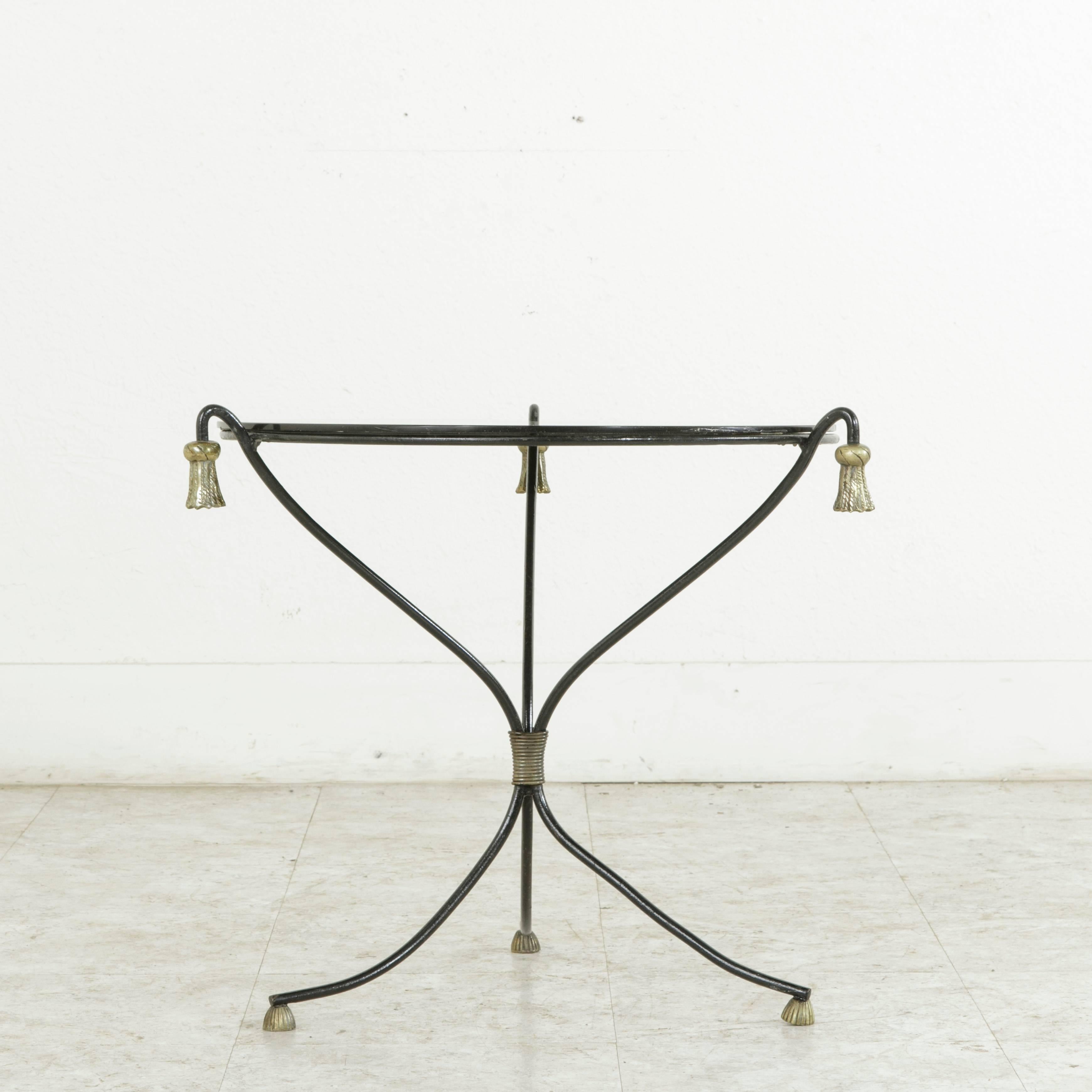 Mid-20th Century Iron Cocktail Table, Side Table with Bronze Tassels Black Glass In Good Condition In Fayetteville, AR