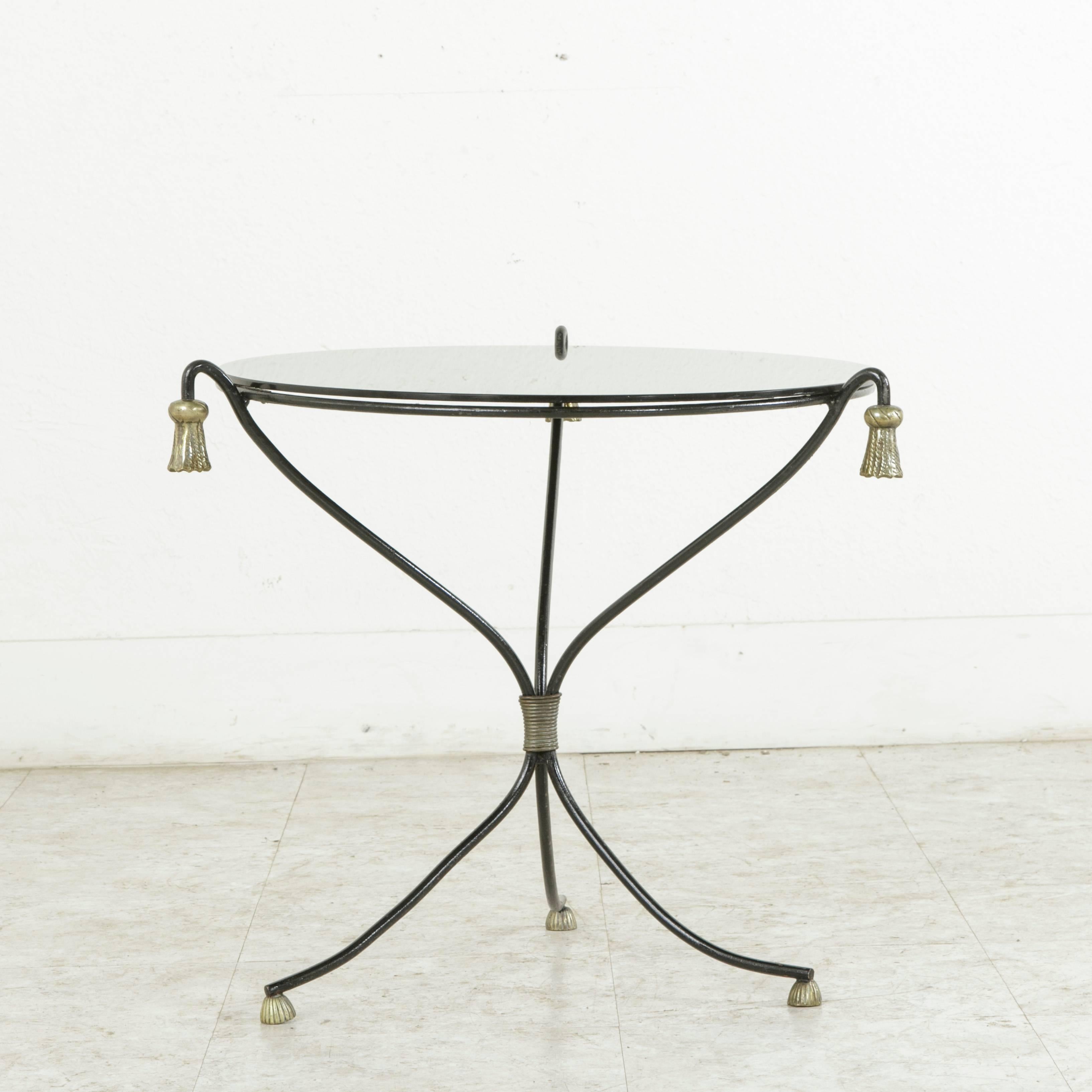 Mid-20th Century Iron Cocktail Table, Side Table with Bronze Tassels Black Glass 1