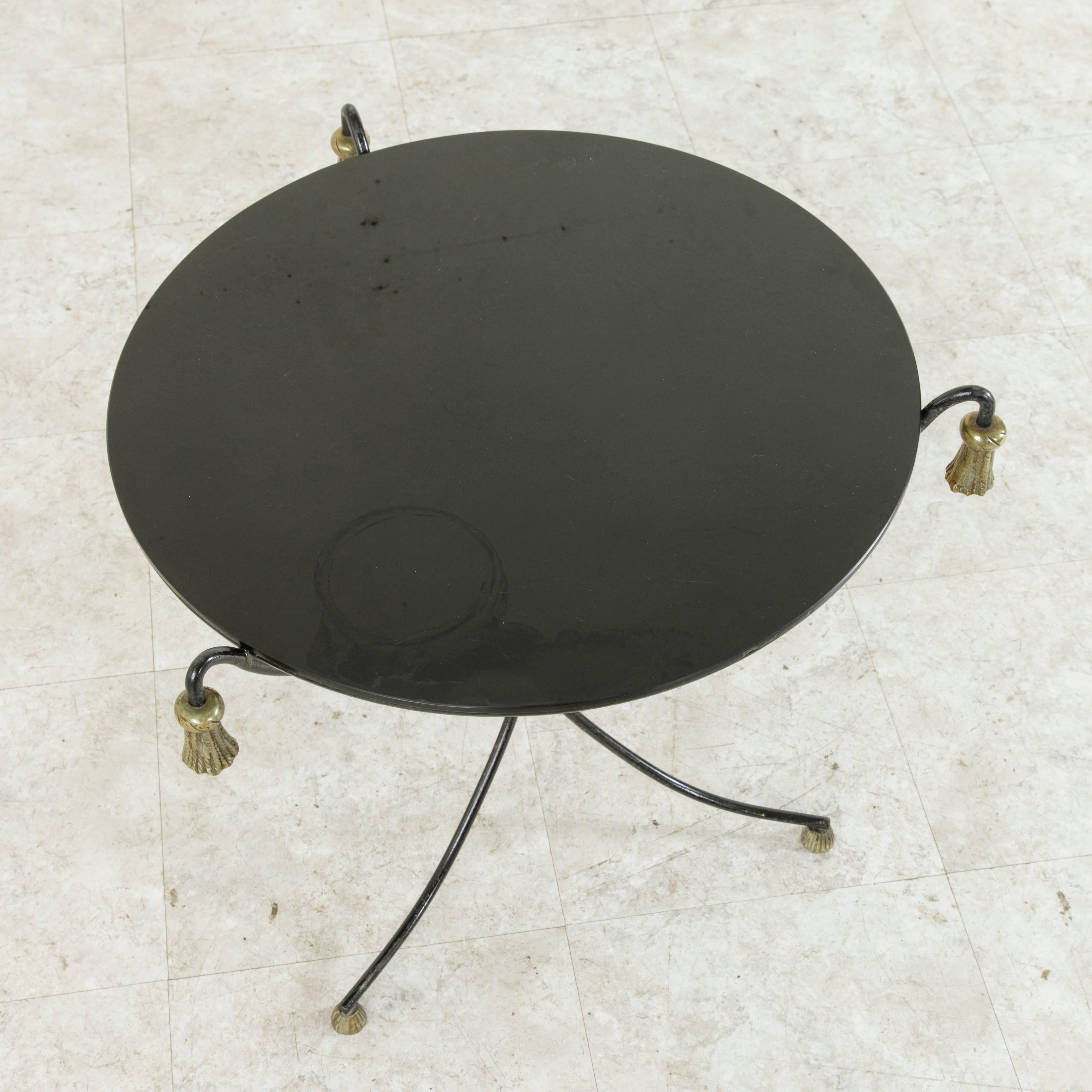 Mid-20th Century Iron Cocktail Table, Side Table with Bronze Tassels Black Glass 2