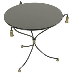 Mid-20th Century Iron Cocktail Table, Side Table with Bronze Tassels Black Glass