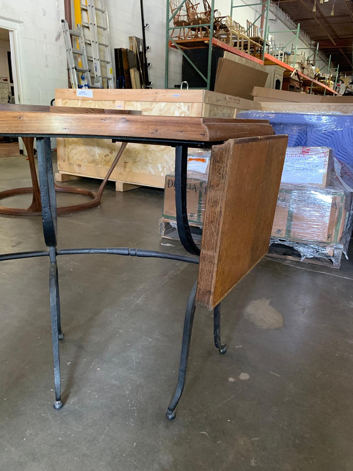20th Century Iron and Oak U-Shaped Desk, Two Drop Leaves 4
