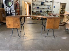 20th Century Iron and Oak U-Shaped Desk, Two Drop Leaves