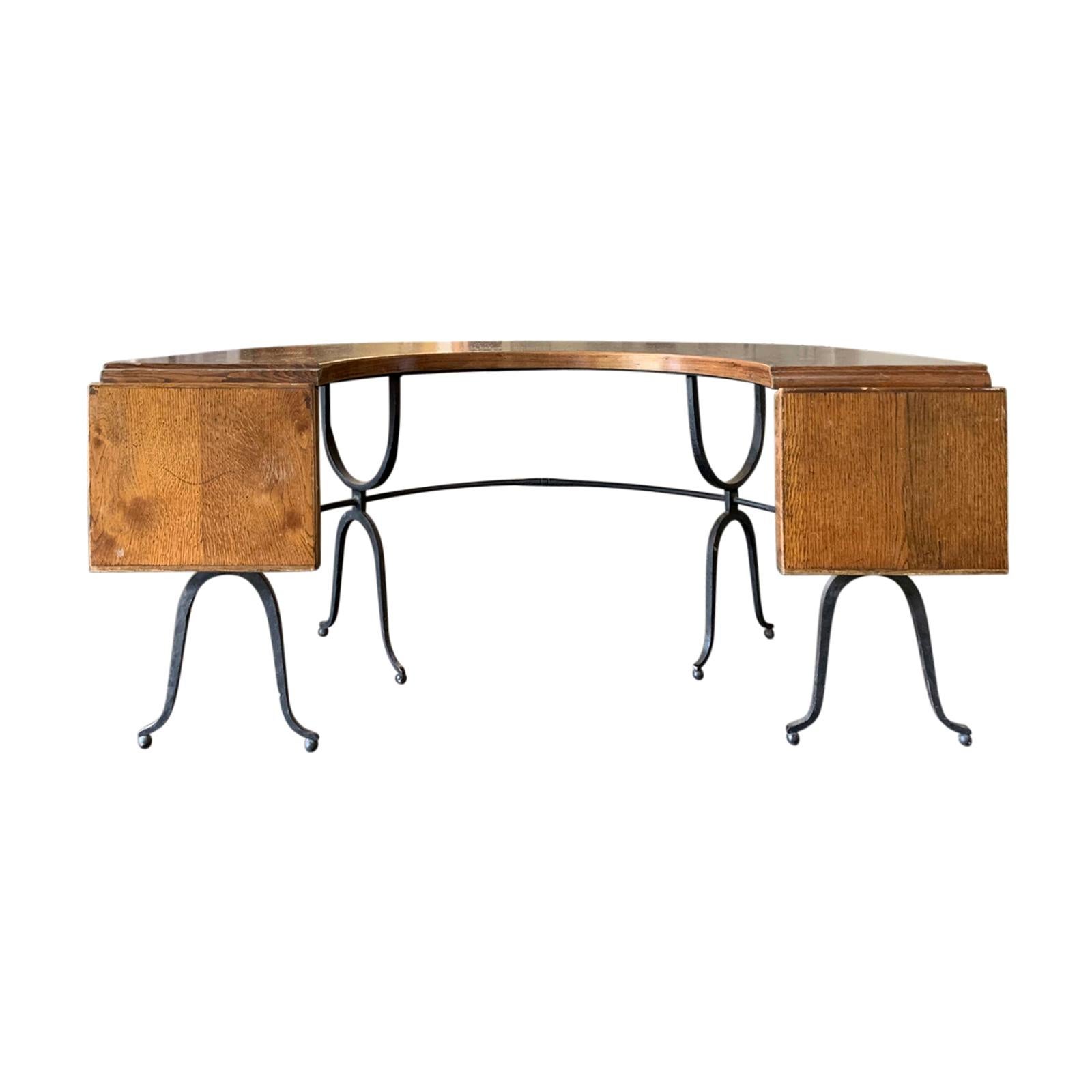 20th Century Iron and Oak U-Shaped Desk, Two Drop Leaves