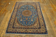 Mid 20th Century Blue Medallion Isfahan Carpet with Silk Highlights Wool Knotted
