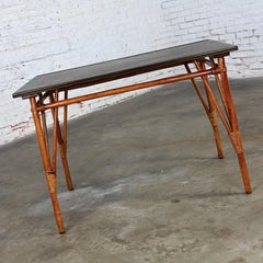 Mid-20th Century Island Style Rattan Dining Table Ebony Stained Hardwood Top