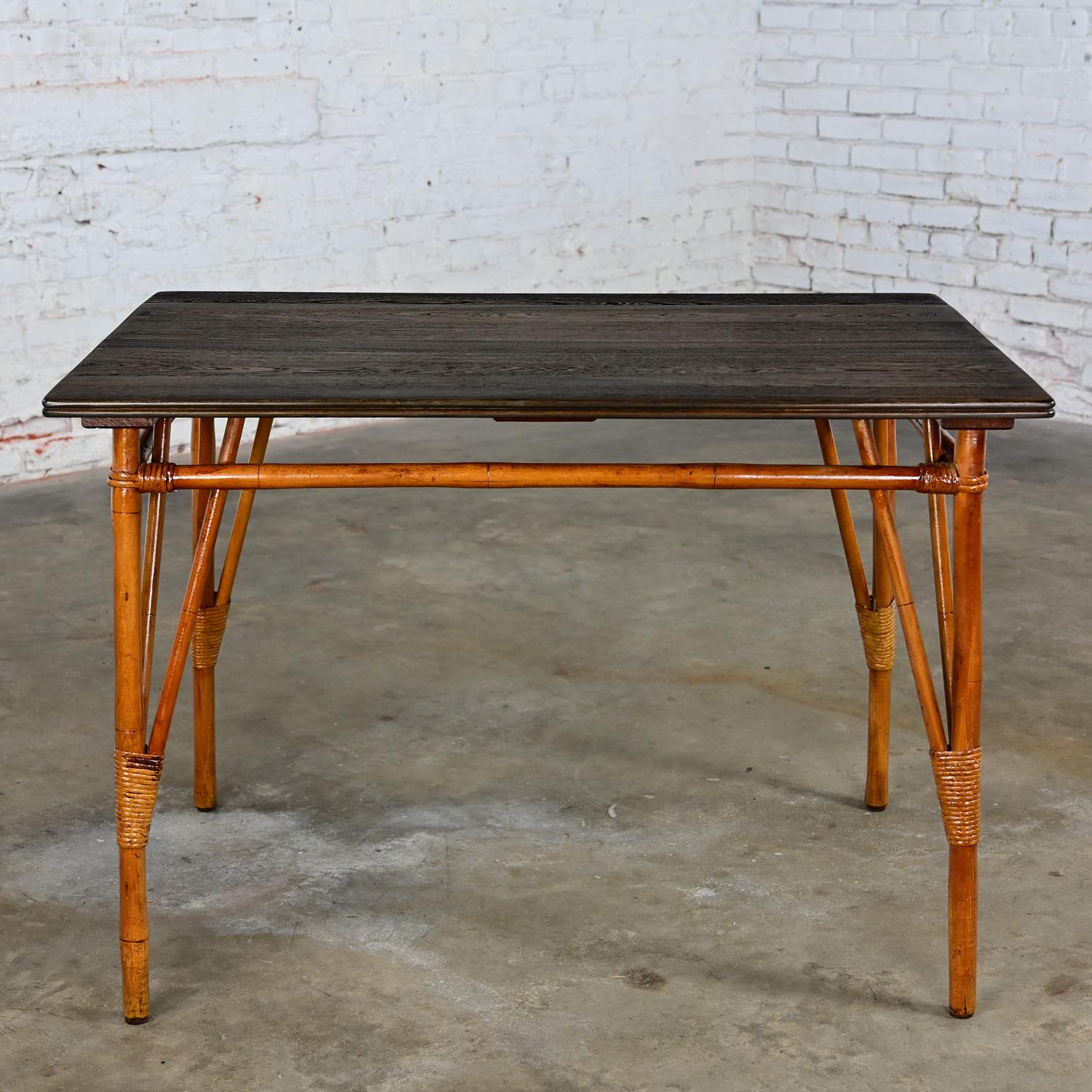 Mid-20th Century Island Style Rattan Dining Table Ebony Stained Hardwood Top For Sale 15