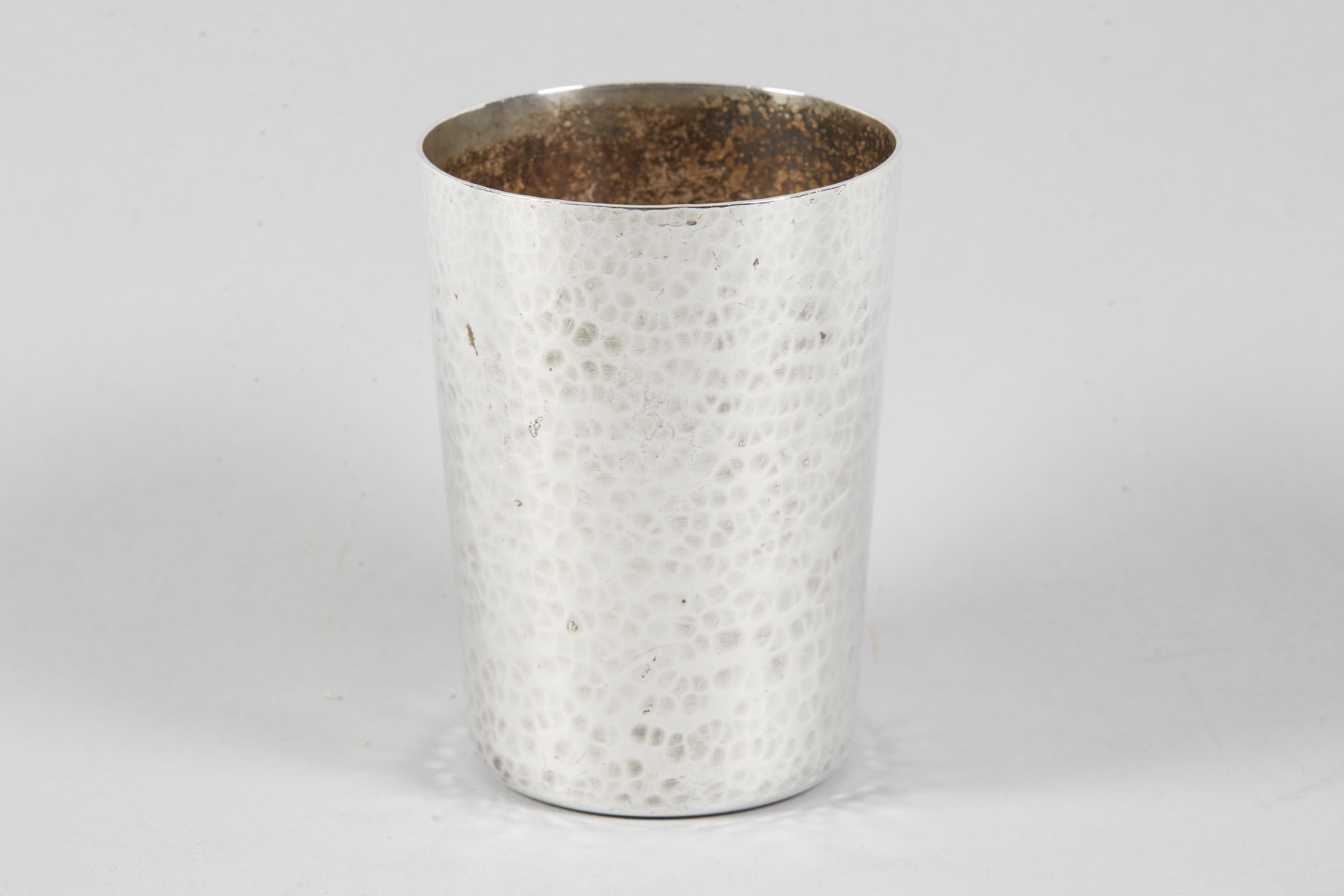 Hand hammered silver plate Kiddush cup with applied Hebrew text: 