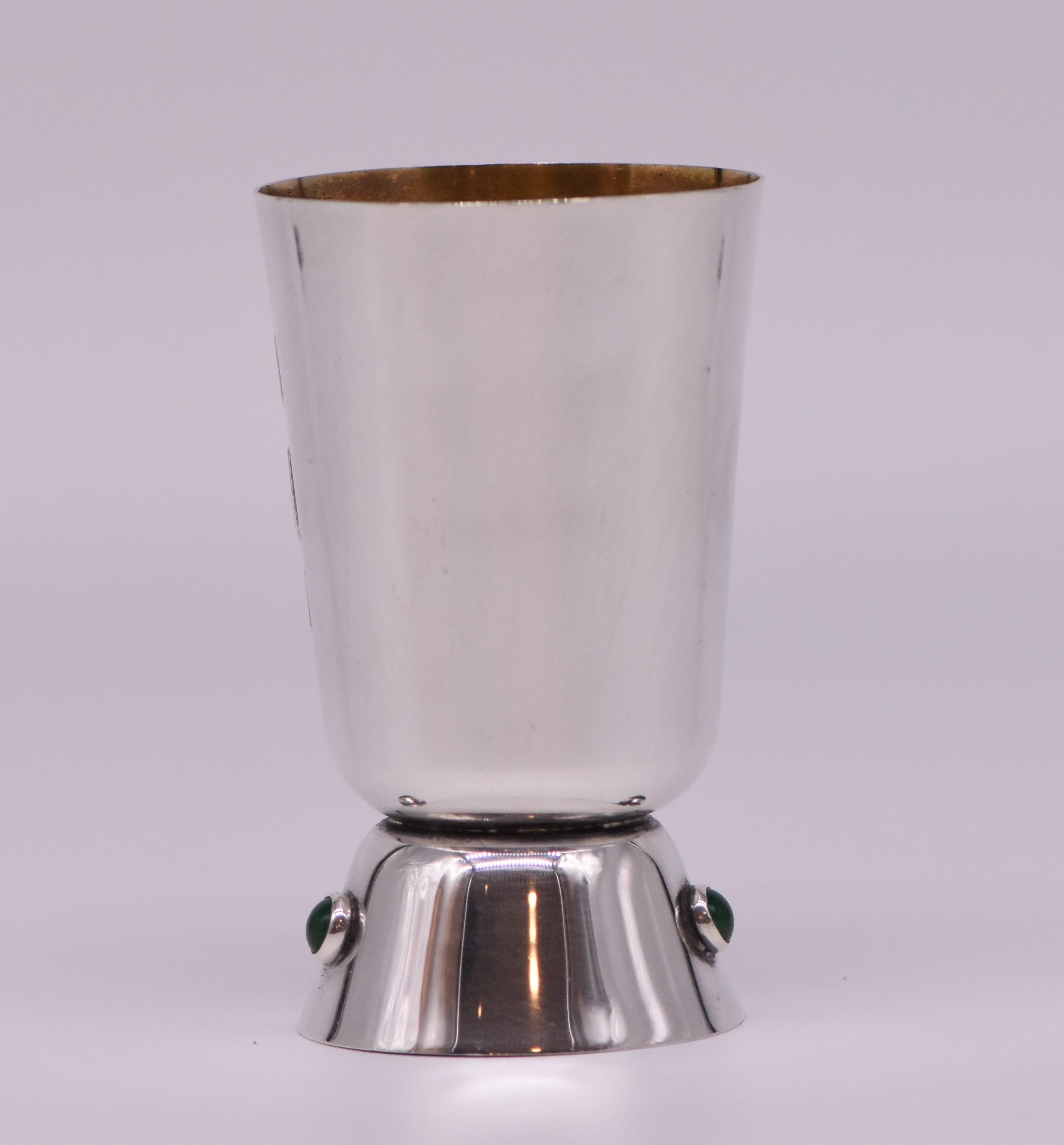 Sterling silver Kiddush beaker, Israel, circa 1960.
Applied with Hebrew verse for the Shabbat: 