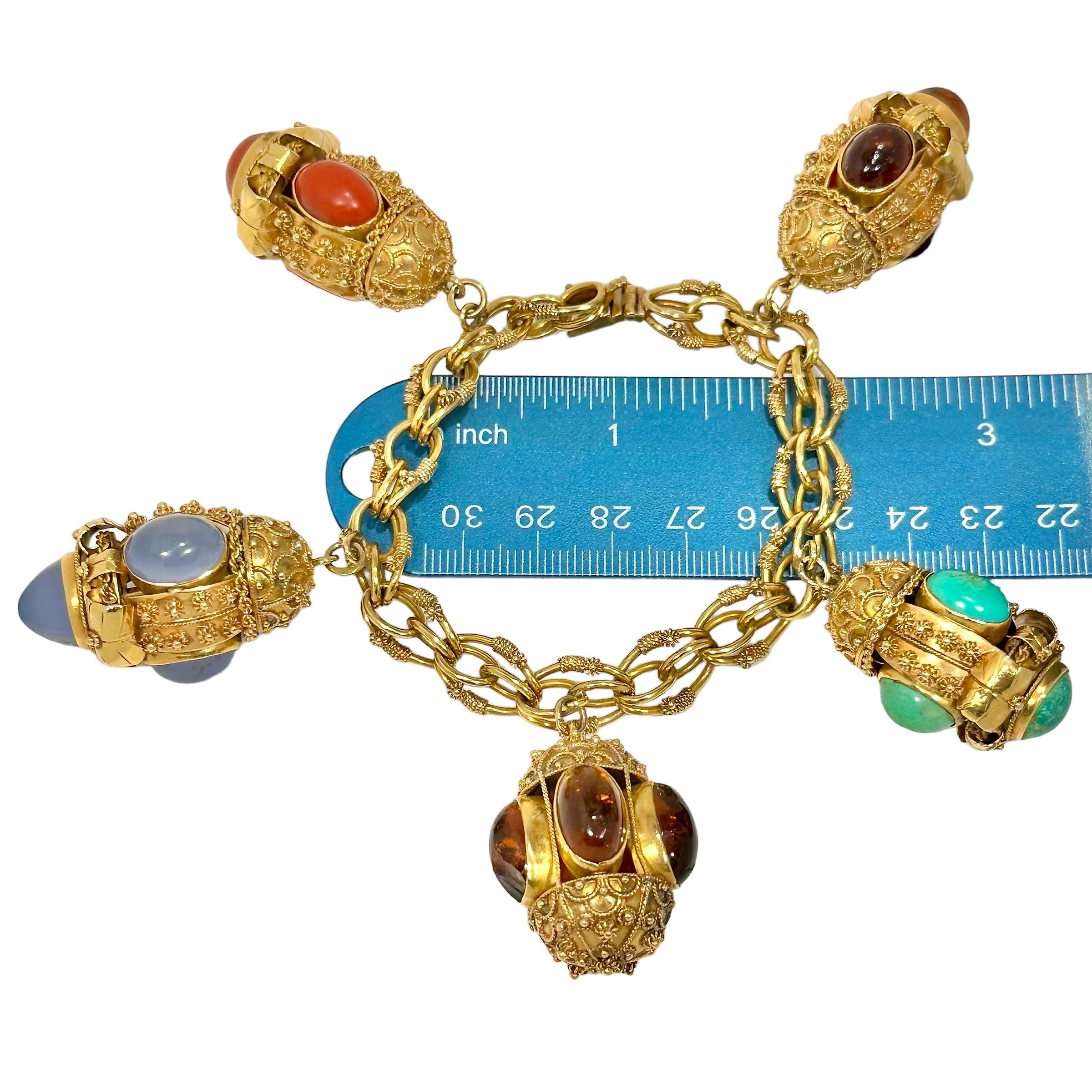 Cabochon Mid-20th Century Italian 18k Gold Etruscan Revival Charm Bracelet with 5 Charms For Sale