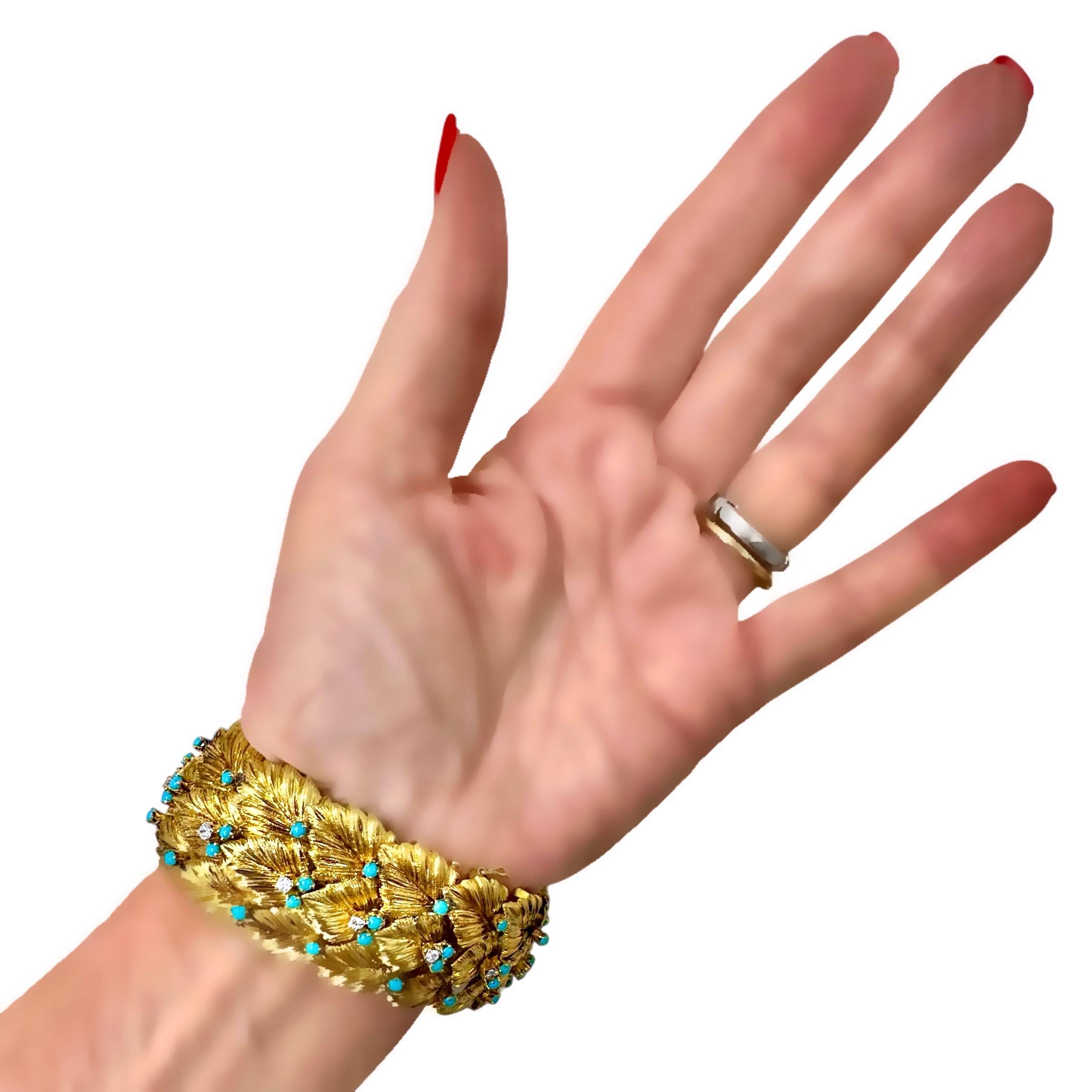 Bracelet italien du milieu du 20e siècle en or 18 carats feuillagé avec diamants et turquoise en vente 4