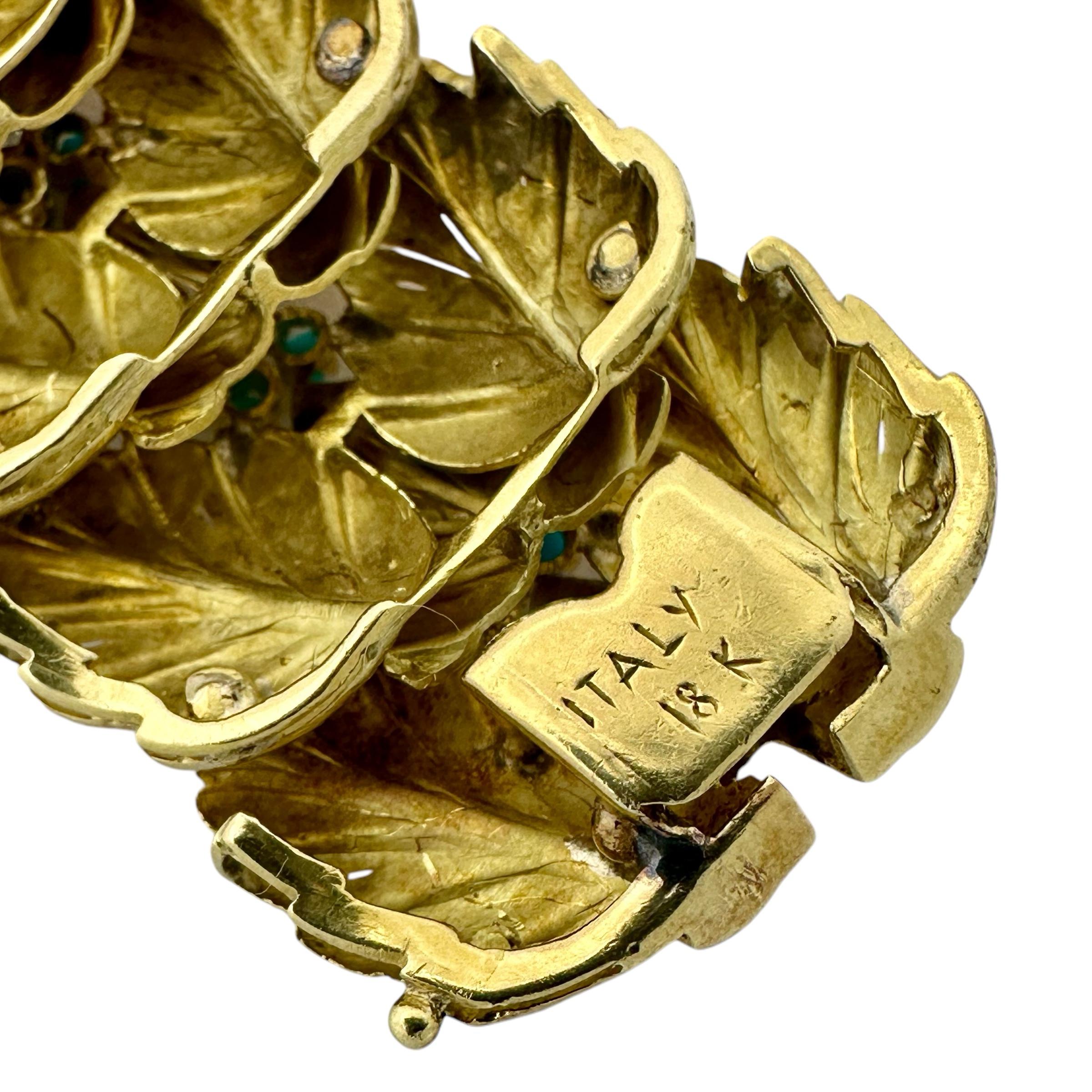 Moderne Bracelet italien du milieu du 20e siècle en or 18 carats feuillagé avec diamants et turquoise en vente