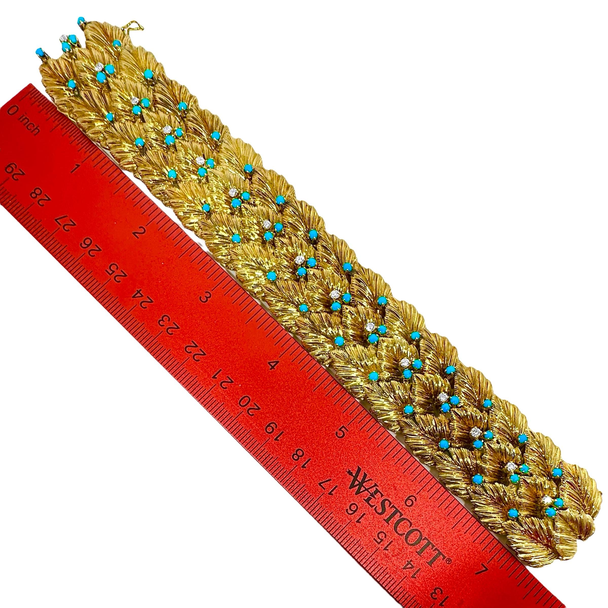 Bracelet italien du milieu du 20e siècle en or 18 carats feuillagé avec diamants et turquoise Bon état - En vente à Palm Beach, FL