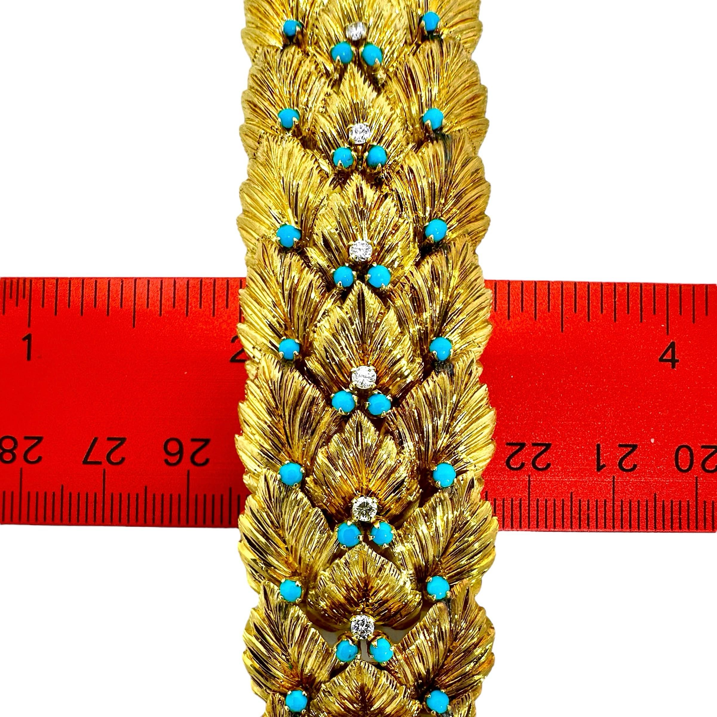 Bracelet italien du milieu du 20e siècle en or 18 carats feuillagé avec diamants et turquoise Pour femmes en vente