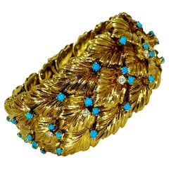 Mid-20th Century Italian 18K Gold Foliate Bracelet with Diamonds and Turquoise
