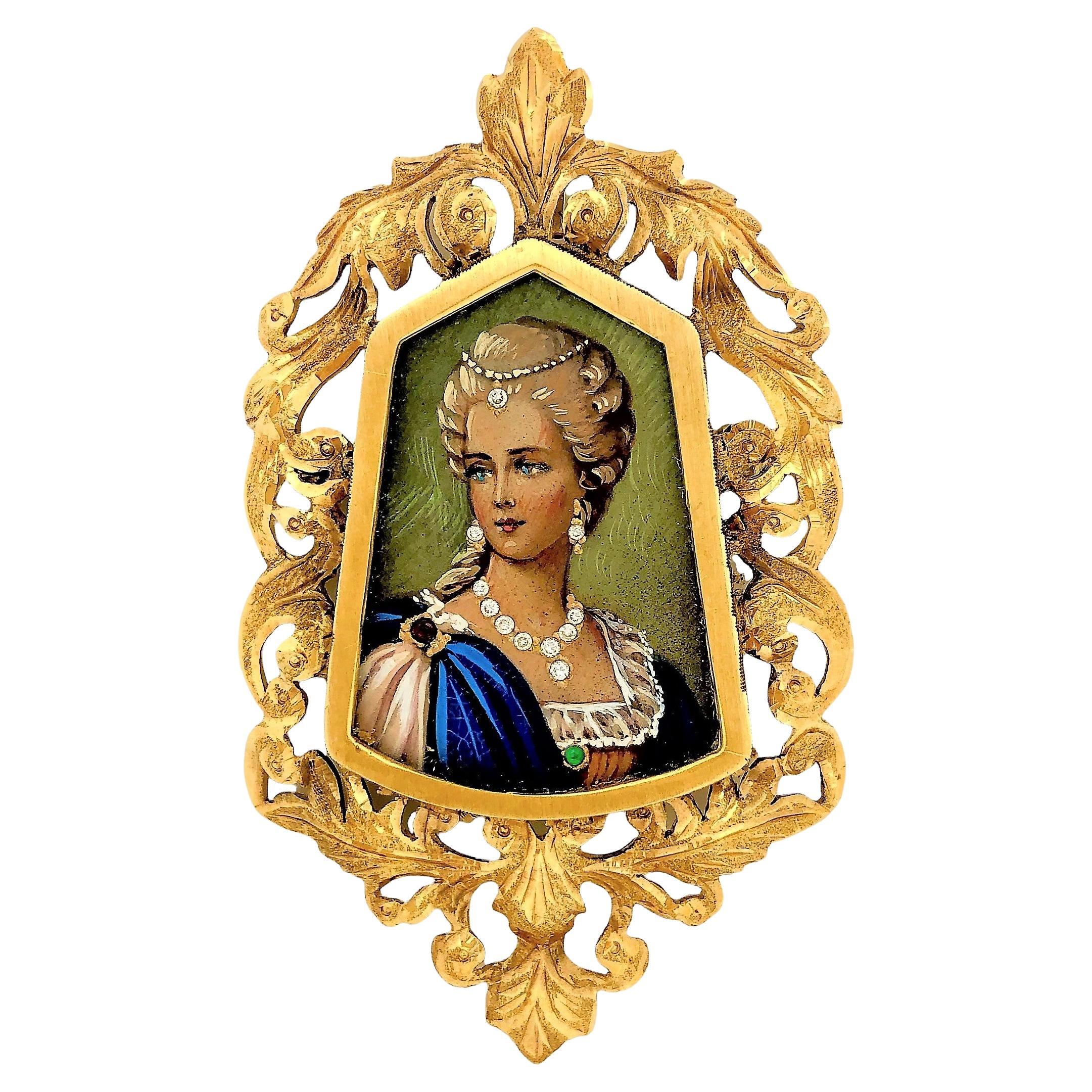 Mid-20th Century Italian 18K Gold Portrait Brooch Pendant