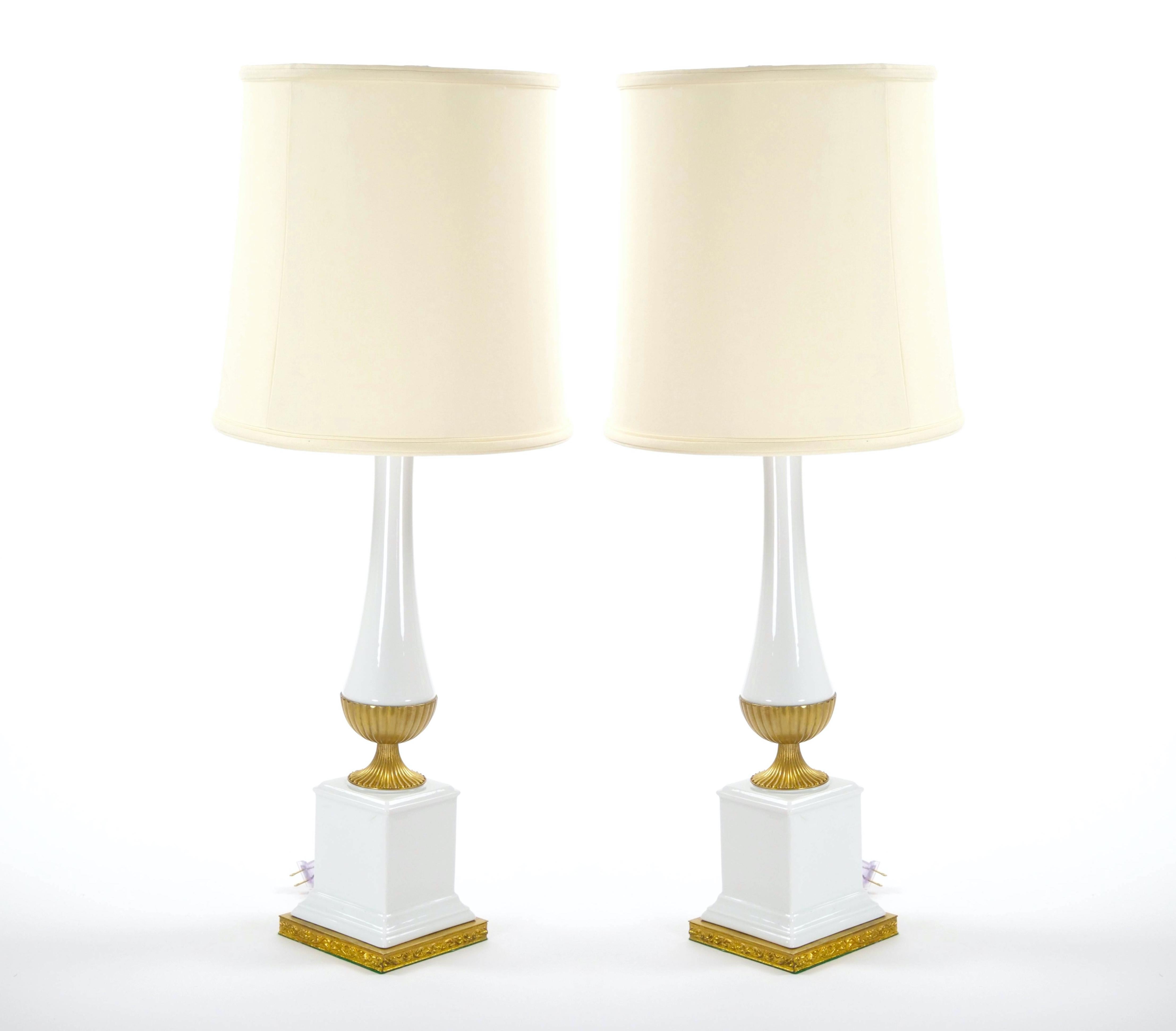 Mid-Century Modern Mid-20th Century Italian Art Deco Porcelain Table Lamps/Gilt Brass Accents For Sale