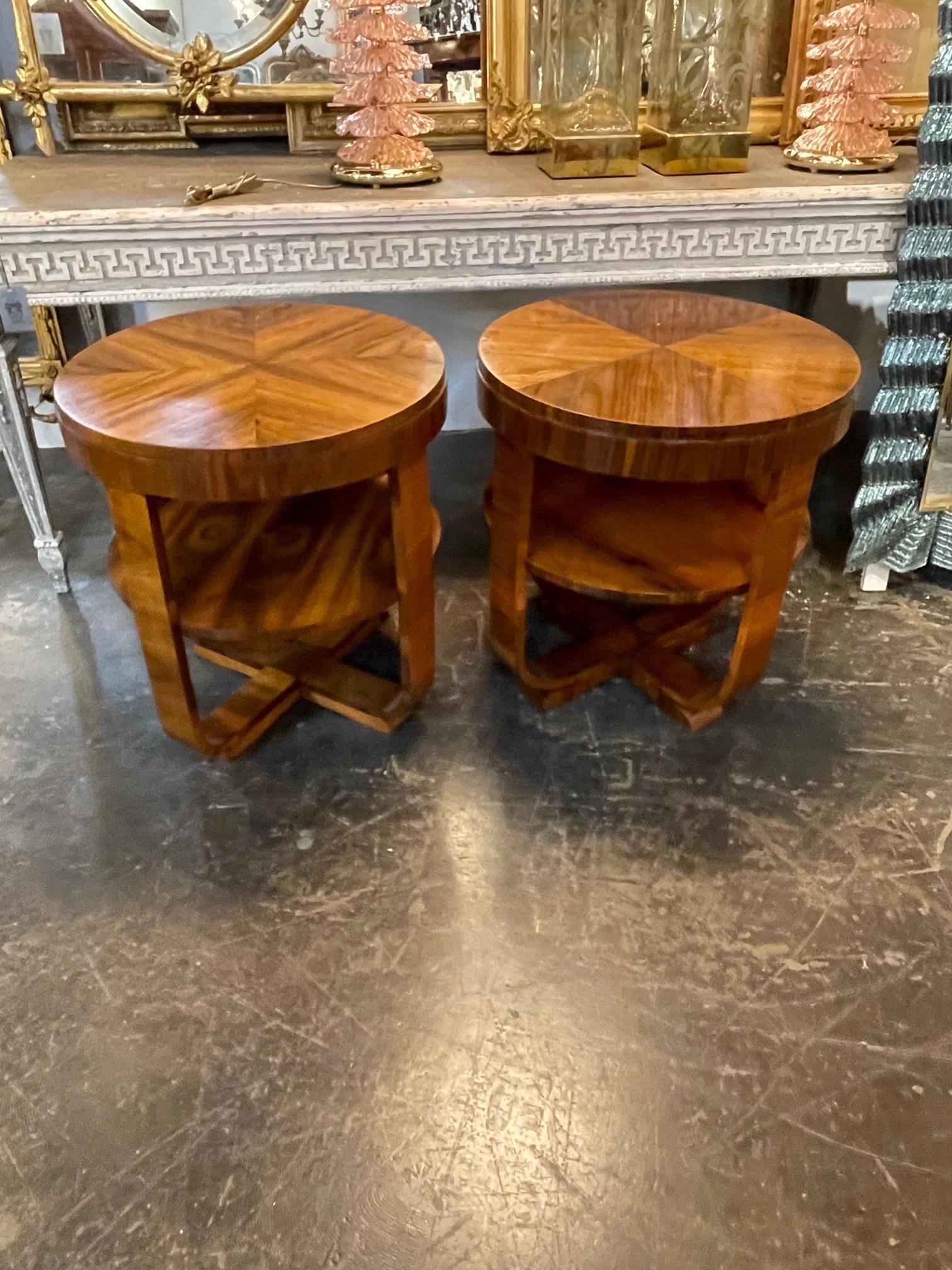 Handsome pair of Italian walnut side tables. Very fine quality on these. Creates a very polished look. Note: Price listed is per item.