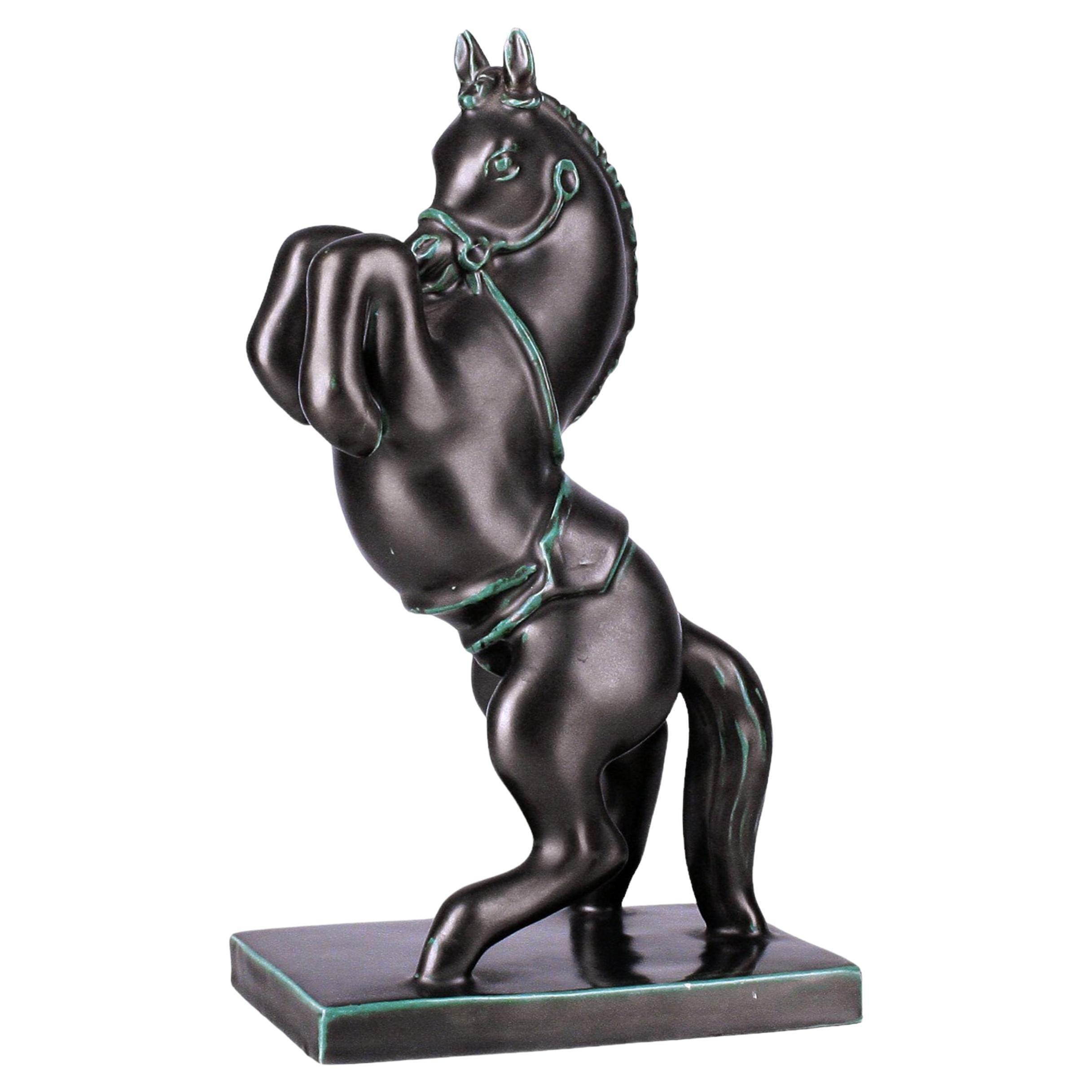 Mid-20th Century Italian Black Ceramic Rearing Horse Sculpture by Ugo Zaccagnini For Sale