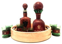 Mid-20th Century Italian Blown Glass and Leather Drinks Set of 10 Pieces
