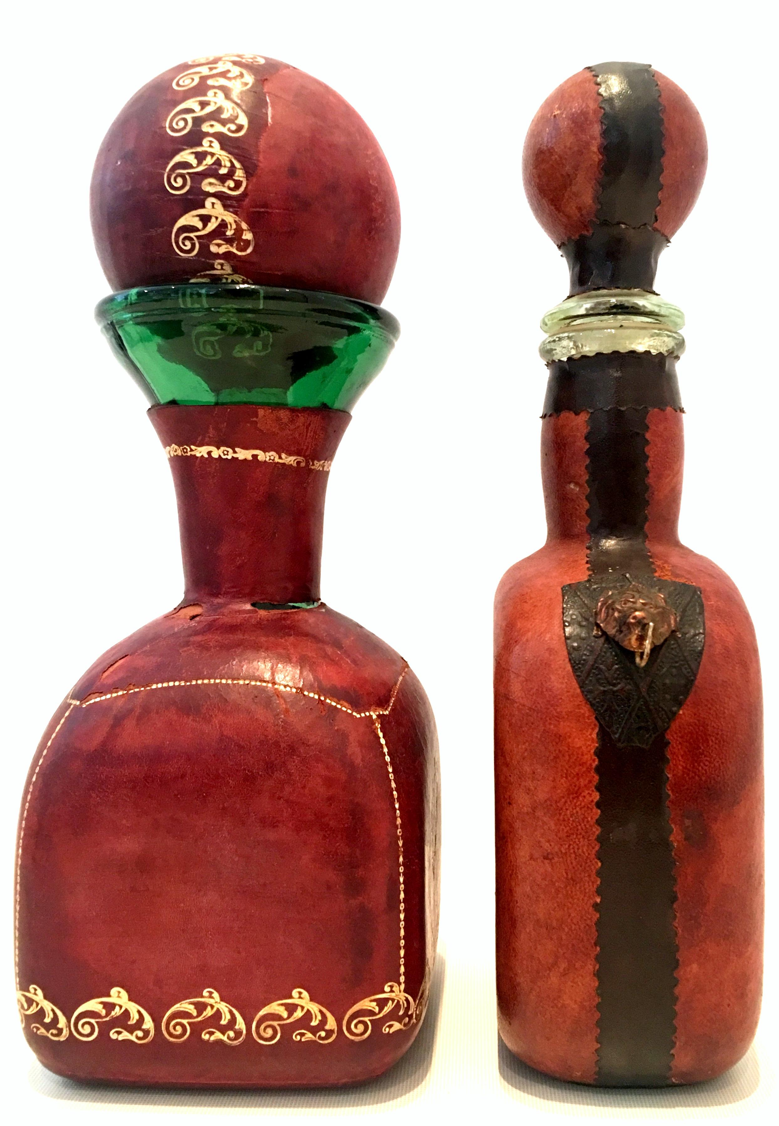 Mid-20th Century Italian Blown Glass & Leather Drinks Set of 10 Pieces In Good Condition For Sale In West Palm Beach, FL