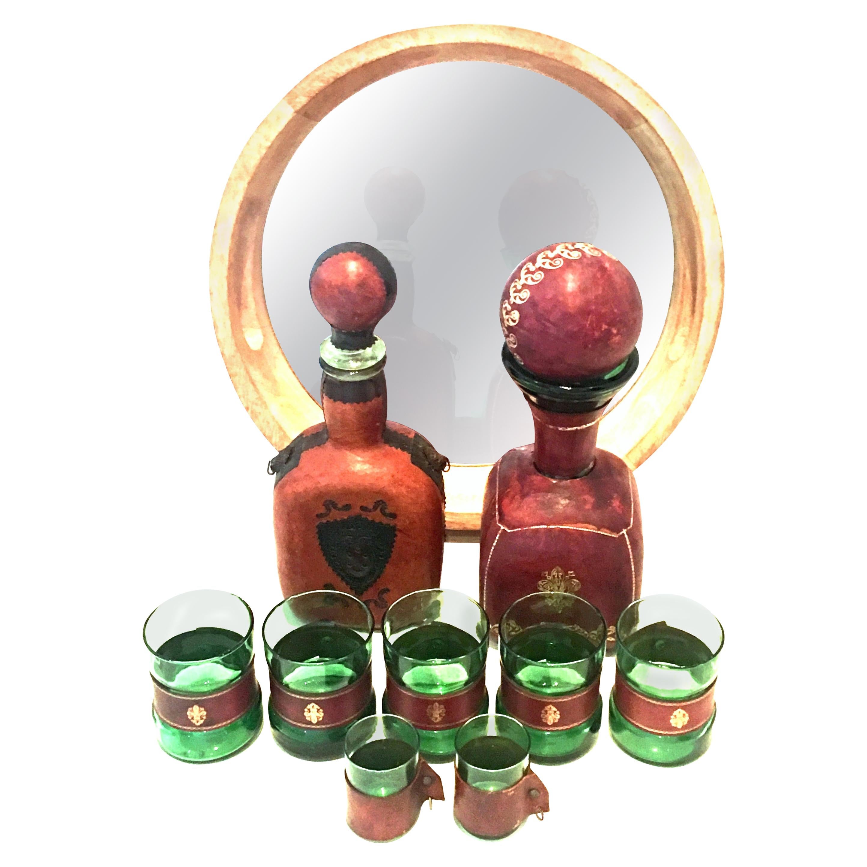 Mid-20th Century Italian Blown Glass & Leather Drinks Set of 10 Pieces For Sale