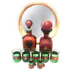 Mid-20th Century Italian Blown Glass & Leather Drinks Set of 10 Pieces