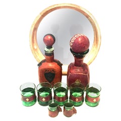 Retro Mid-20th Century Italian Blown Glass & Leather Drinks Set of 10 Pieces