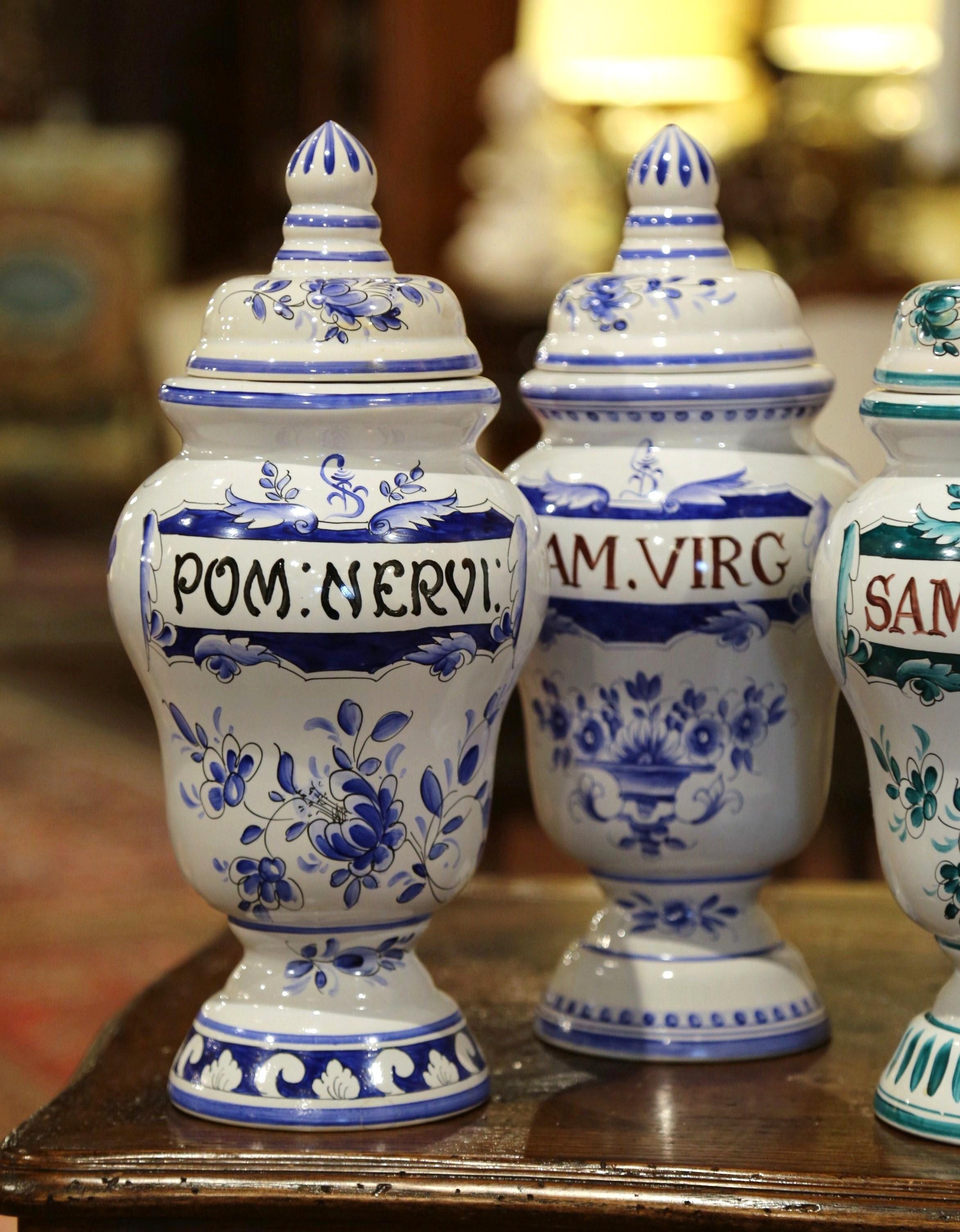 Mid-20th Century Italian Blue and White Ceramic Apothecary Jars, Set of Six 3
