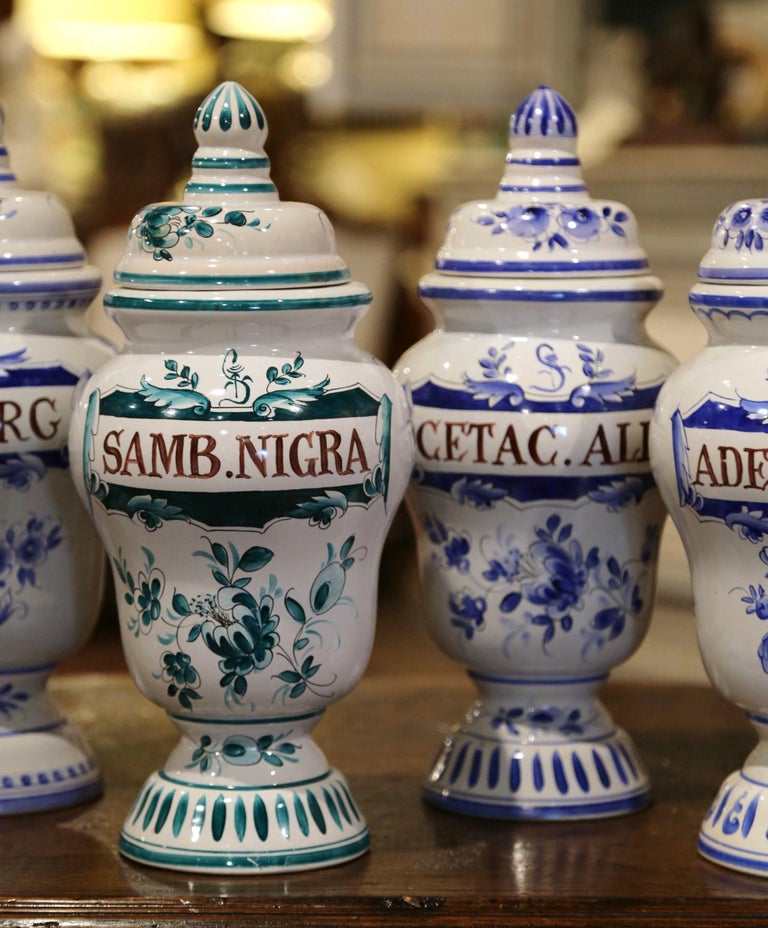 Mid20th Century Italian Blue and White Ceramic Apothecary Jars, Set of