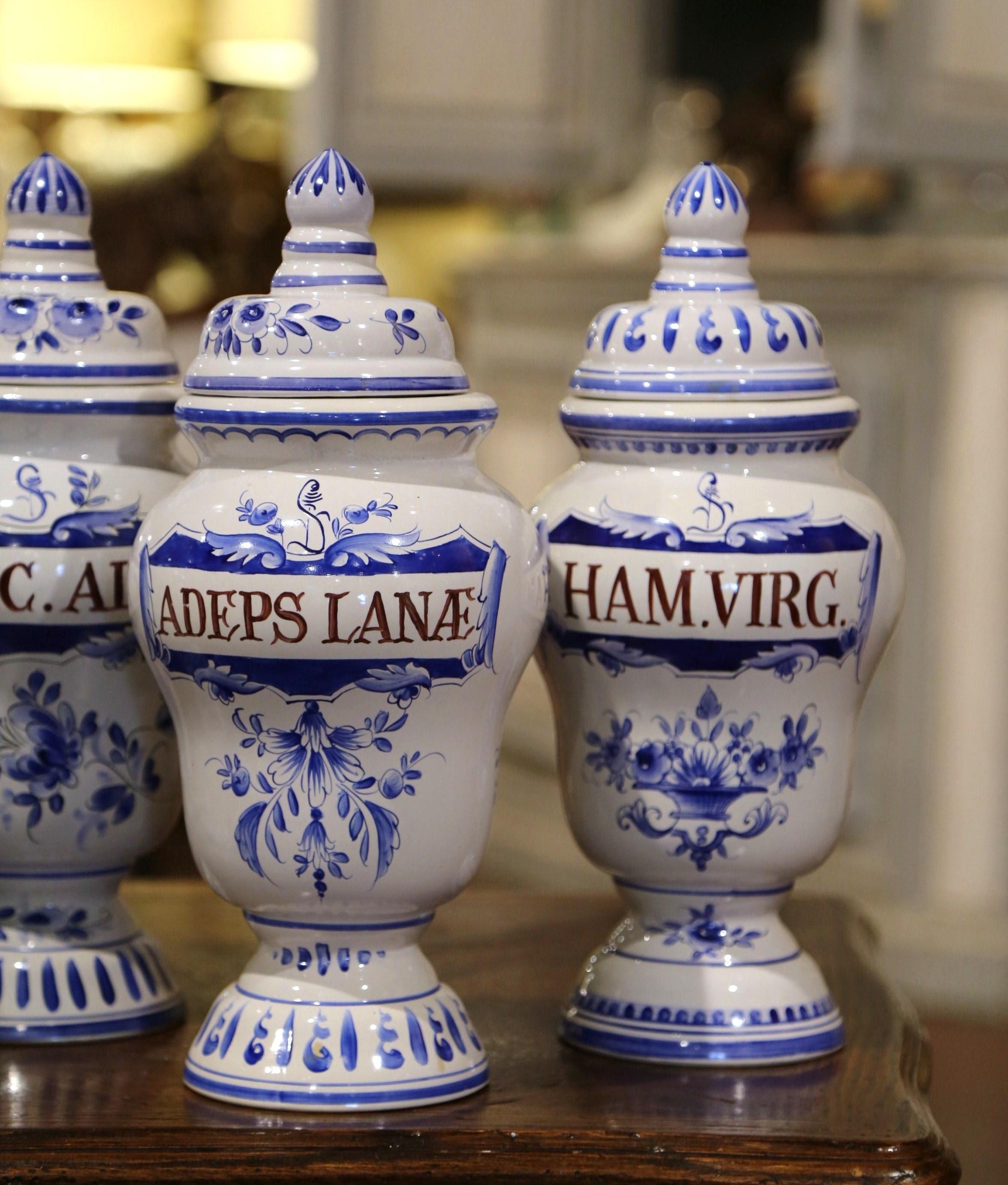 Mid-20th Century Italian Blue and White Ceramic Apothecary Jars, Set of Six 5