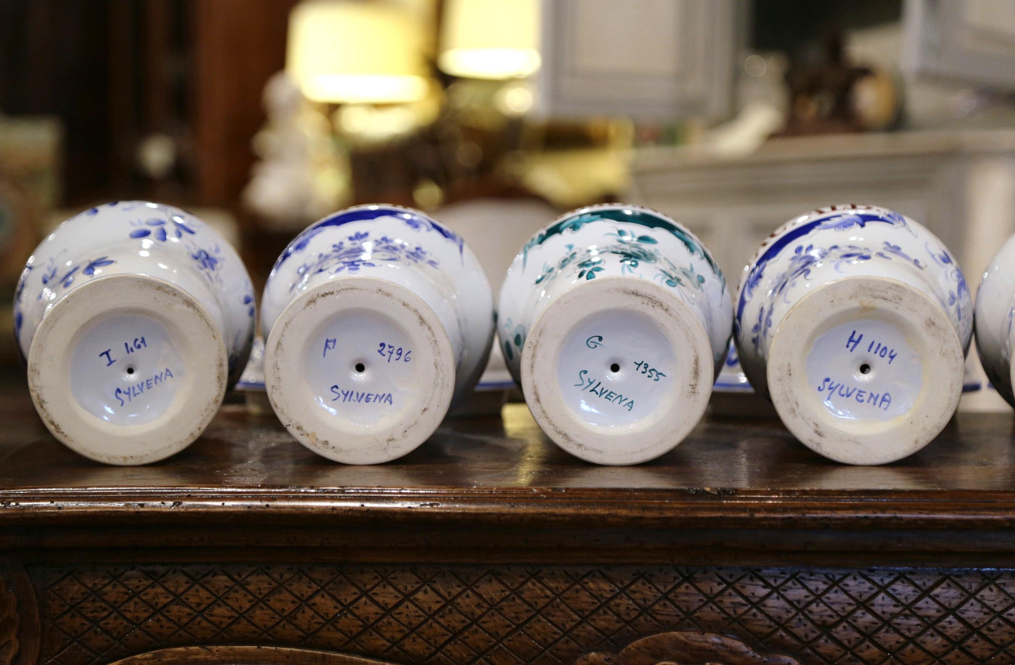Mid-20th Century Italian Blue and White Ceramic Apothecary Jars, Set of Six 6