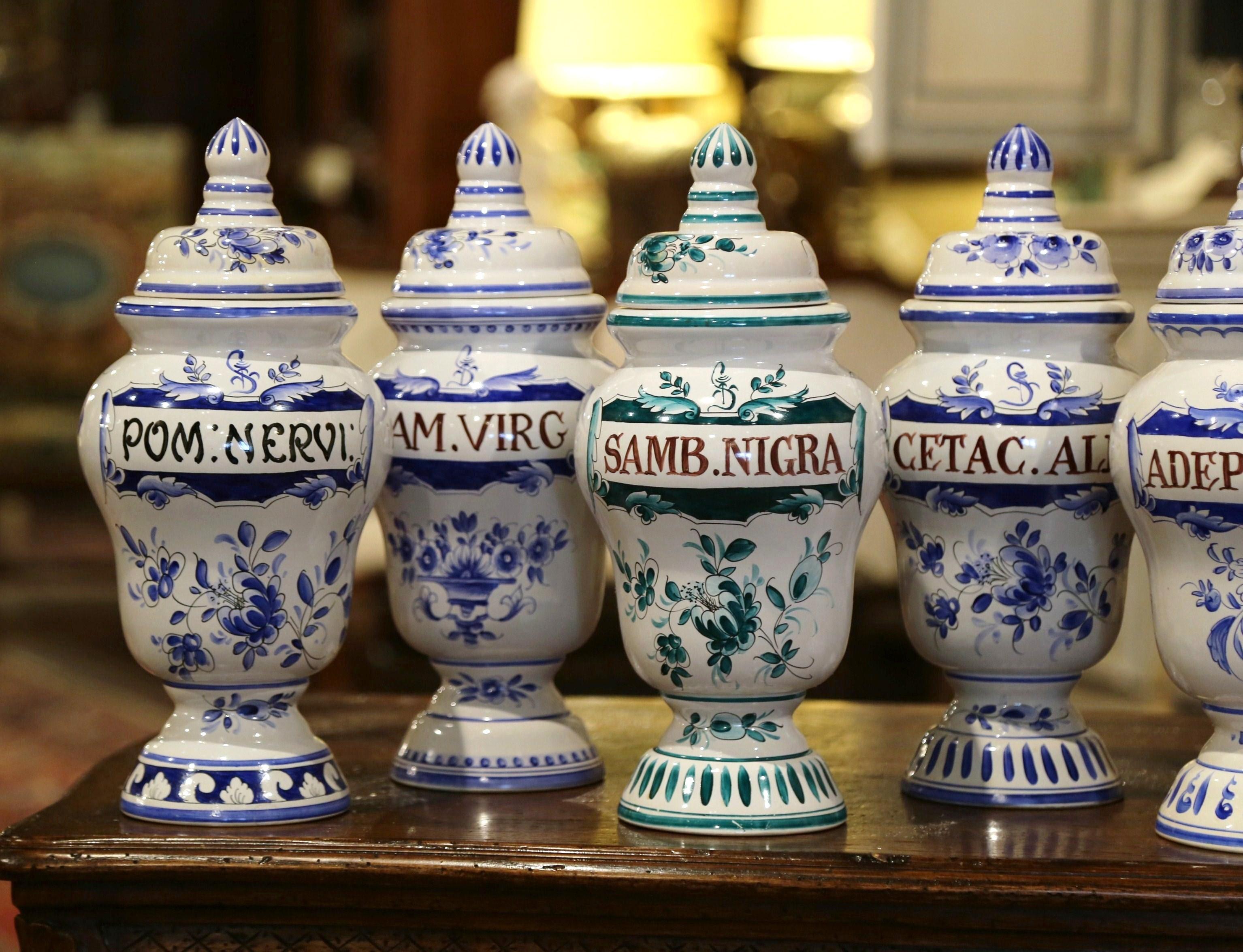 blue and white apothecary jars
