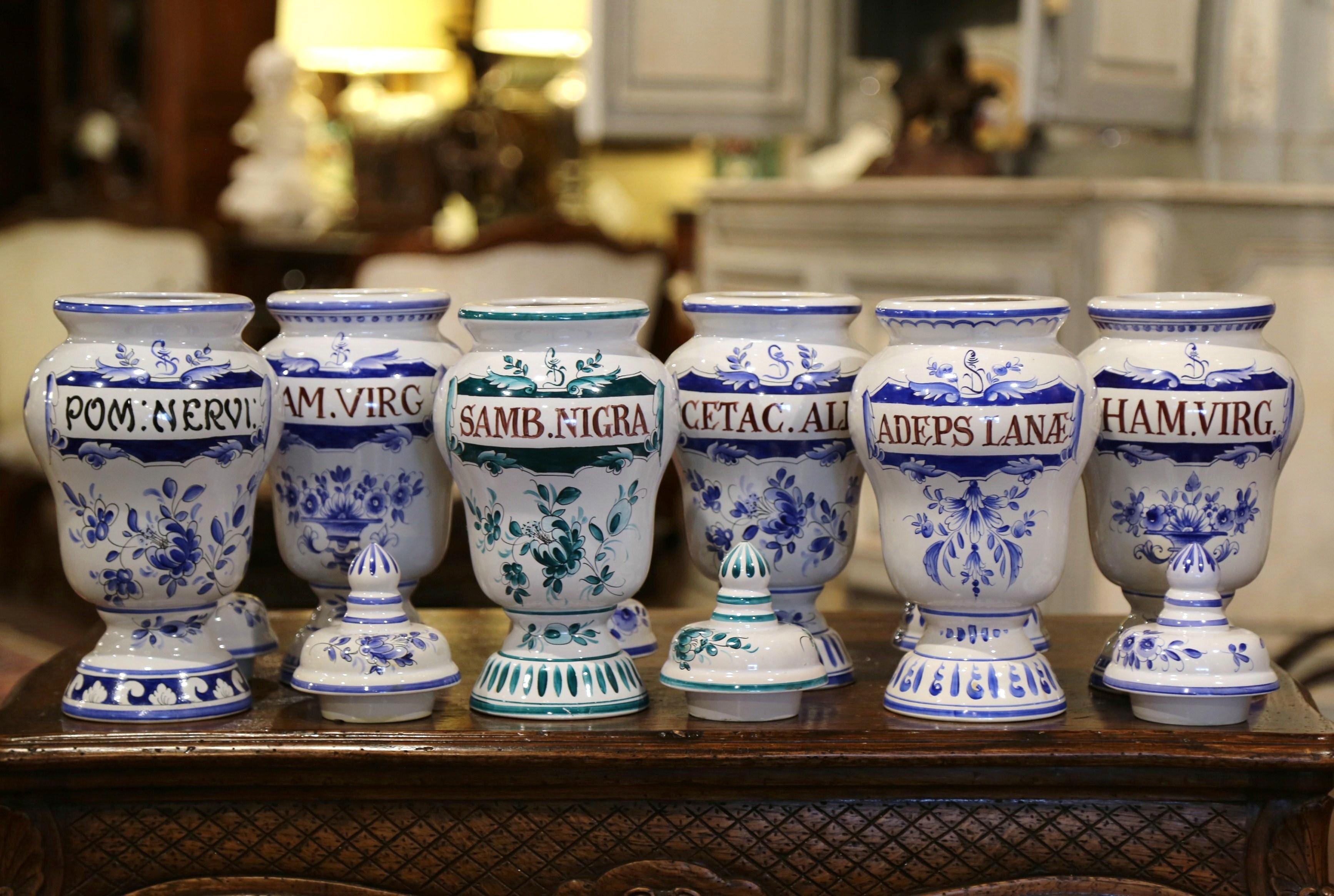 Hand-Crafted Mid-20th Century Italian Blue and White Ceramic Apothecary Jars, Set of Six