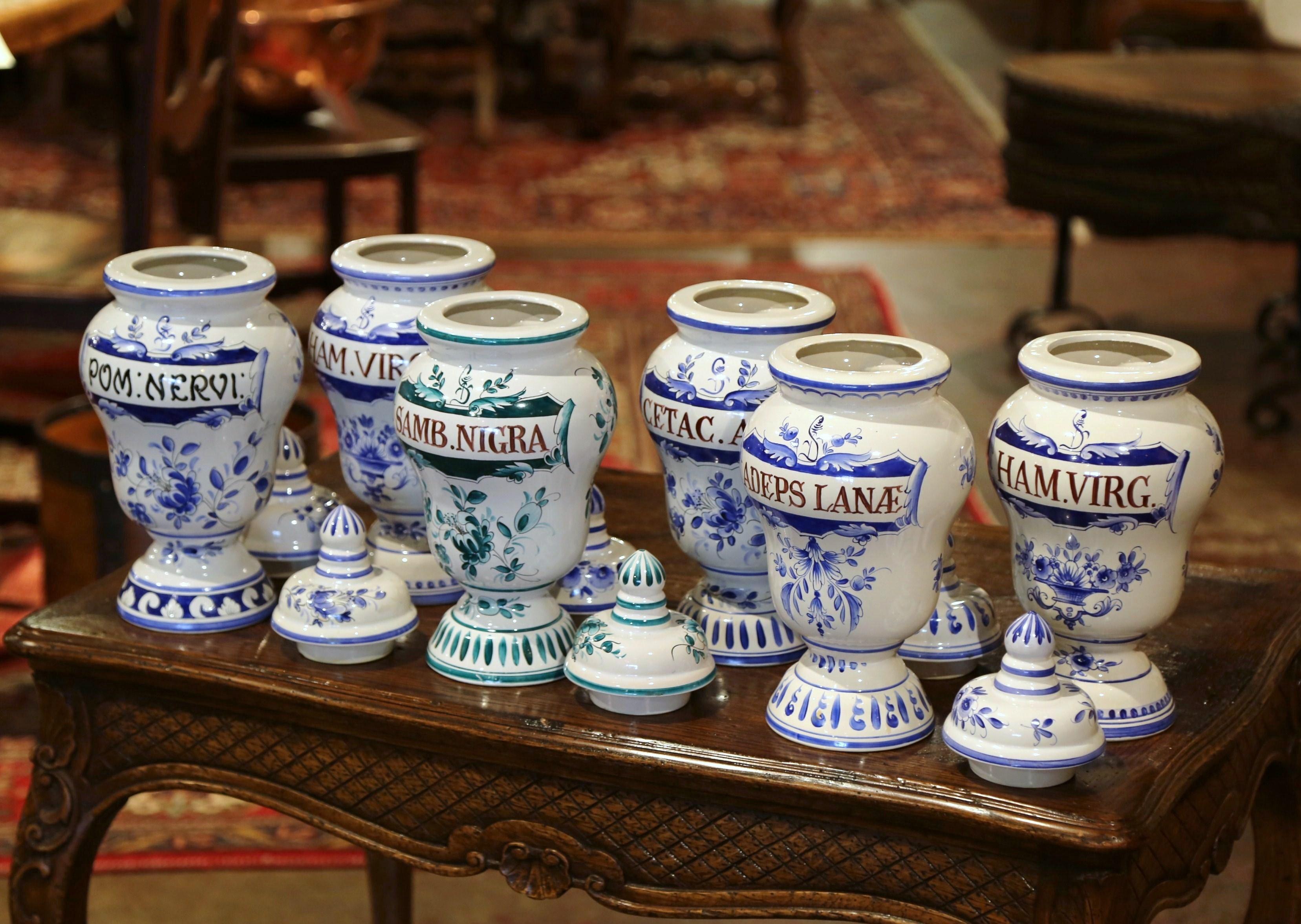 Mid-20th Century Italian Blue and White Ceramic Apothecary Jars, Set of Six In Excellent Condition In Dallas, TX